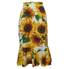 Dolce & Gabbana White/Yellow Sunflower Printed Silk Skirt 2XL