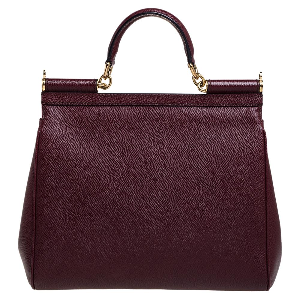 Dolce & Gabbana Wine Red Leather Large Sicily Top Handle Bag In Good Condition In Dubai, Al Qouz 2