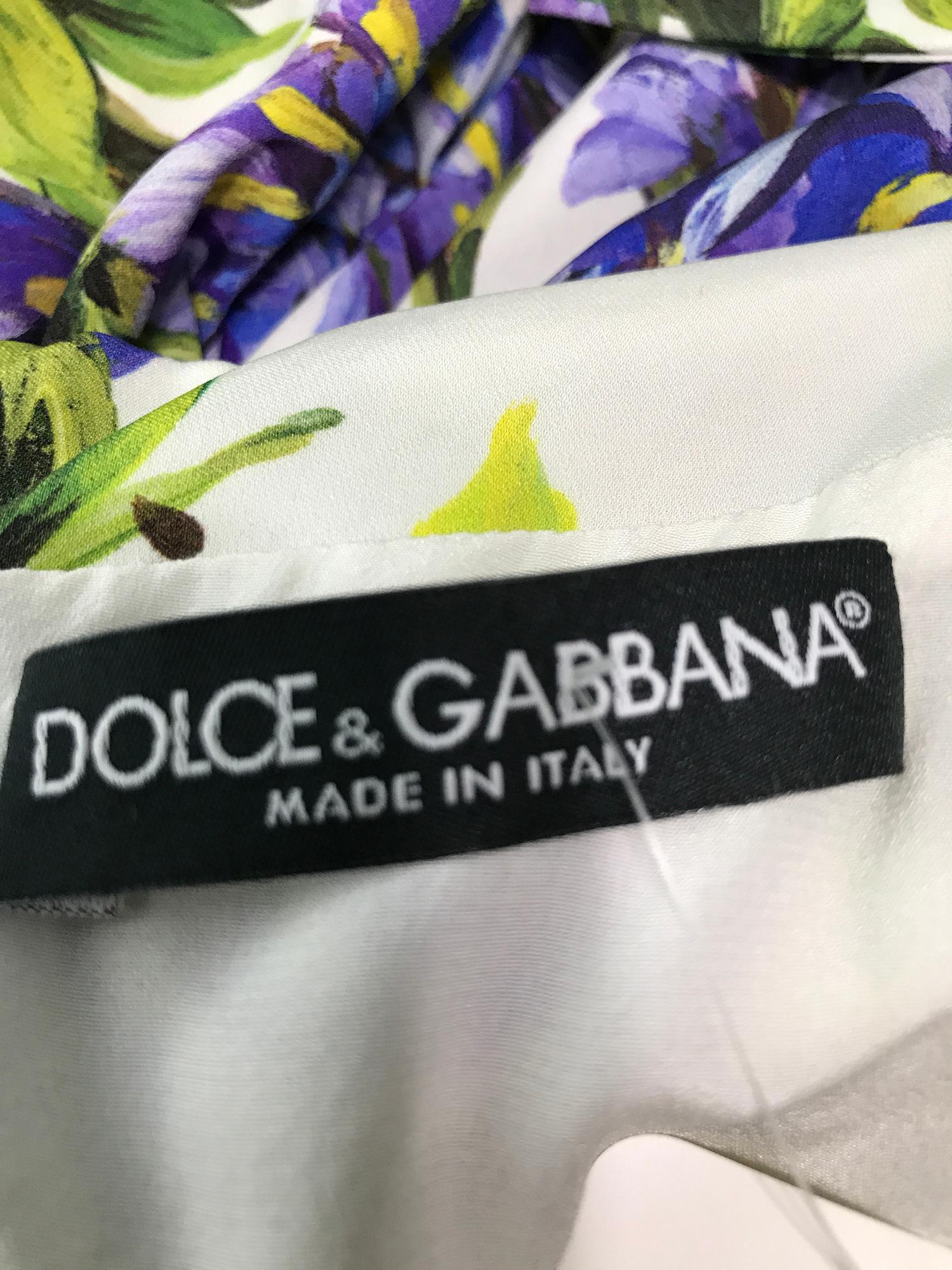 Dolce & Gabbana Wisteria Print Side Ruched Dress in White & Lavender 2