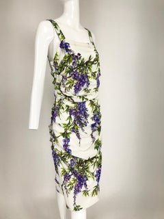 Dolce & Gabbana Wisteria Print Side Ruched Dress in White & Lavender