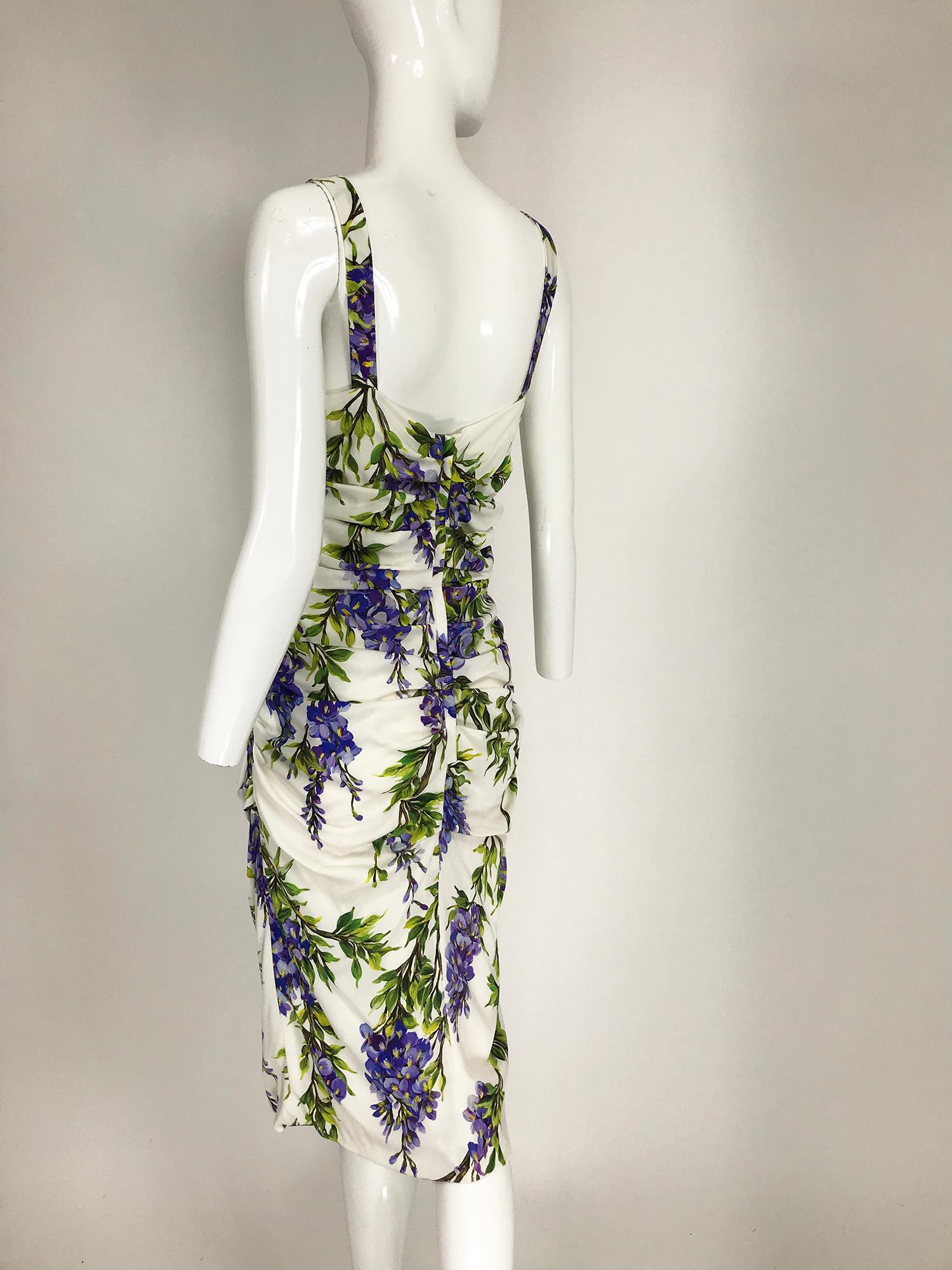 Purple Dolce & Gabbana Wisteria Print Side Ruched Dress in White & Lavender