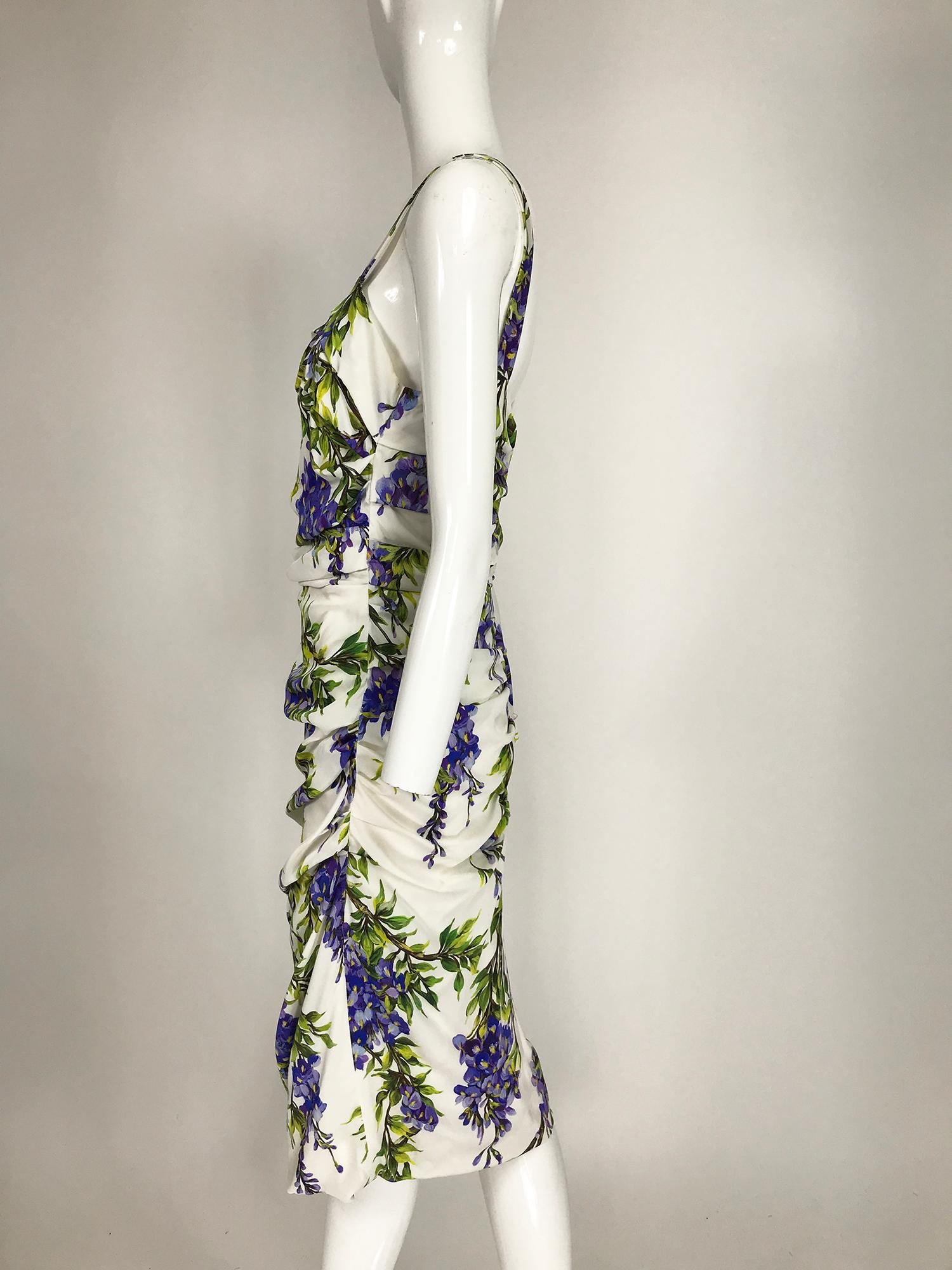 Dolce & Gabbana Wisteria Print Side Ruched Dress in White & Lavender In Excellent Condition In West Palm Beach, FL