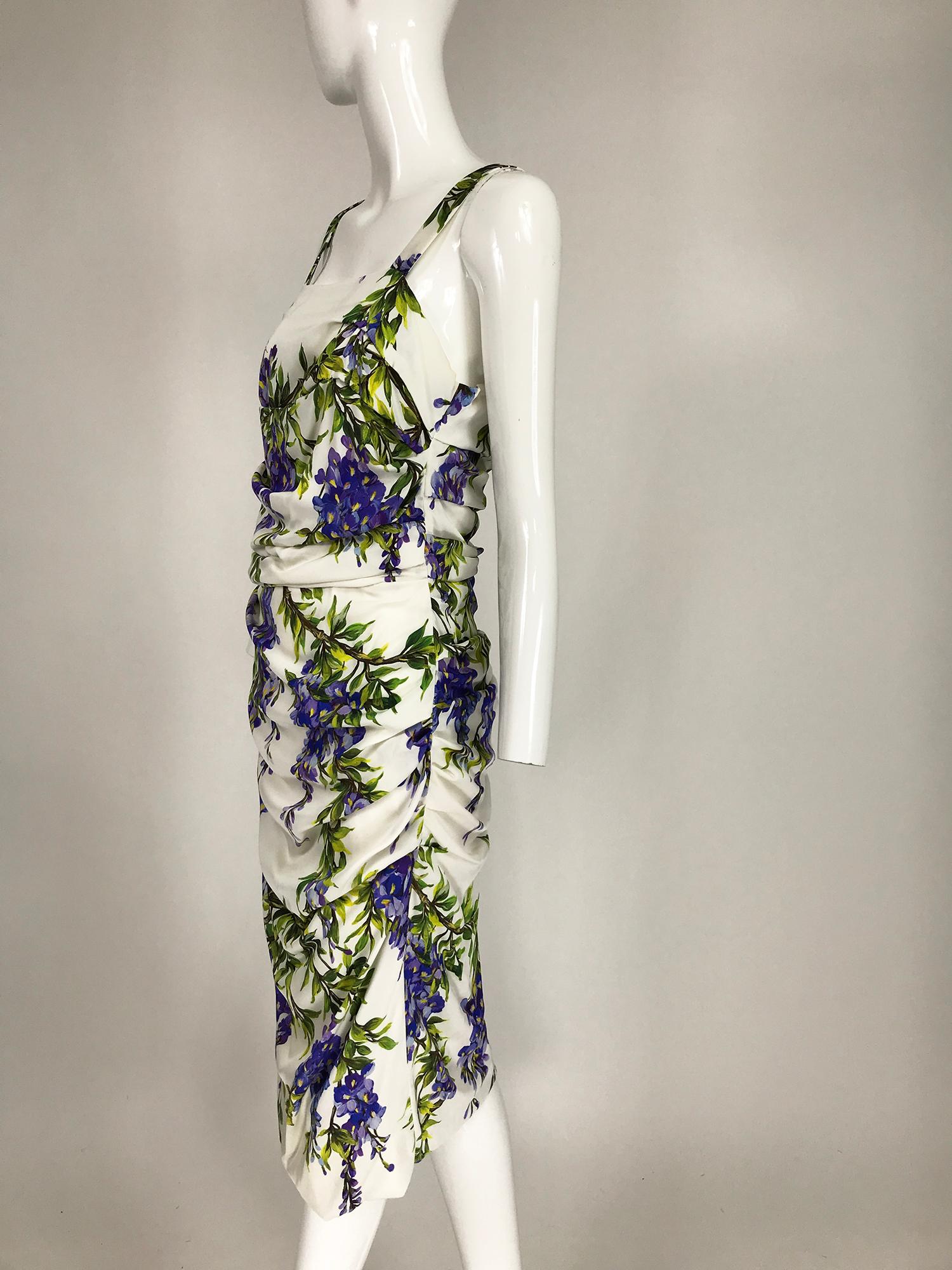 Women's Dolce & Gabbana Wisteria Print Side Ruched Dress in White & Lavender