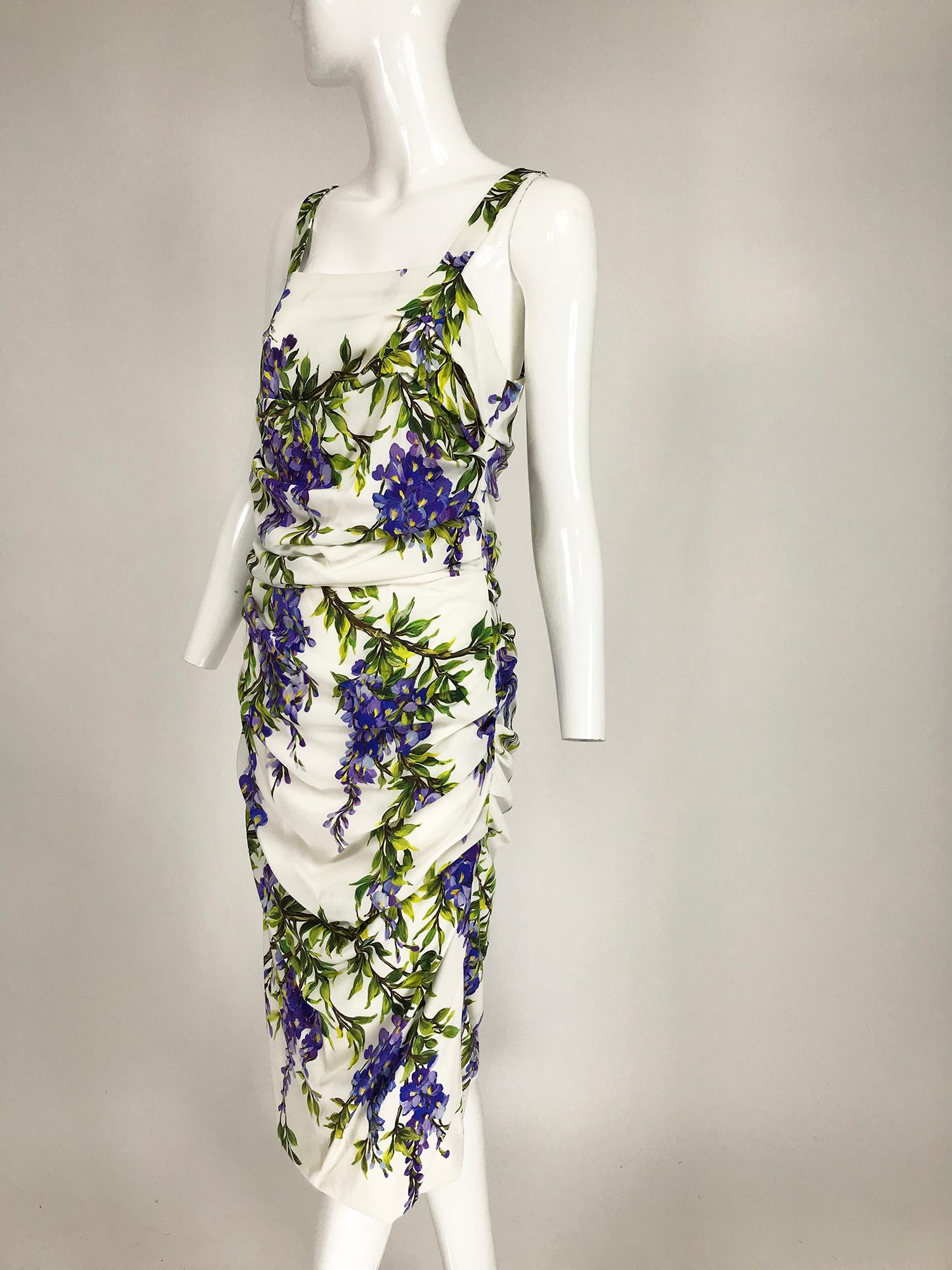 Dolce & Gabbana Wisteria Print Side Ruched Dress in White & Lavender 1