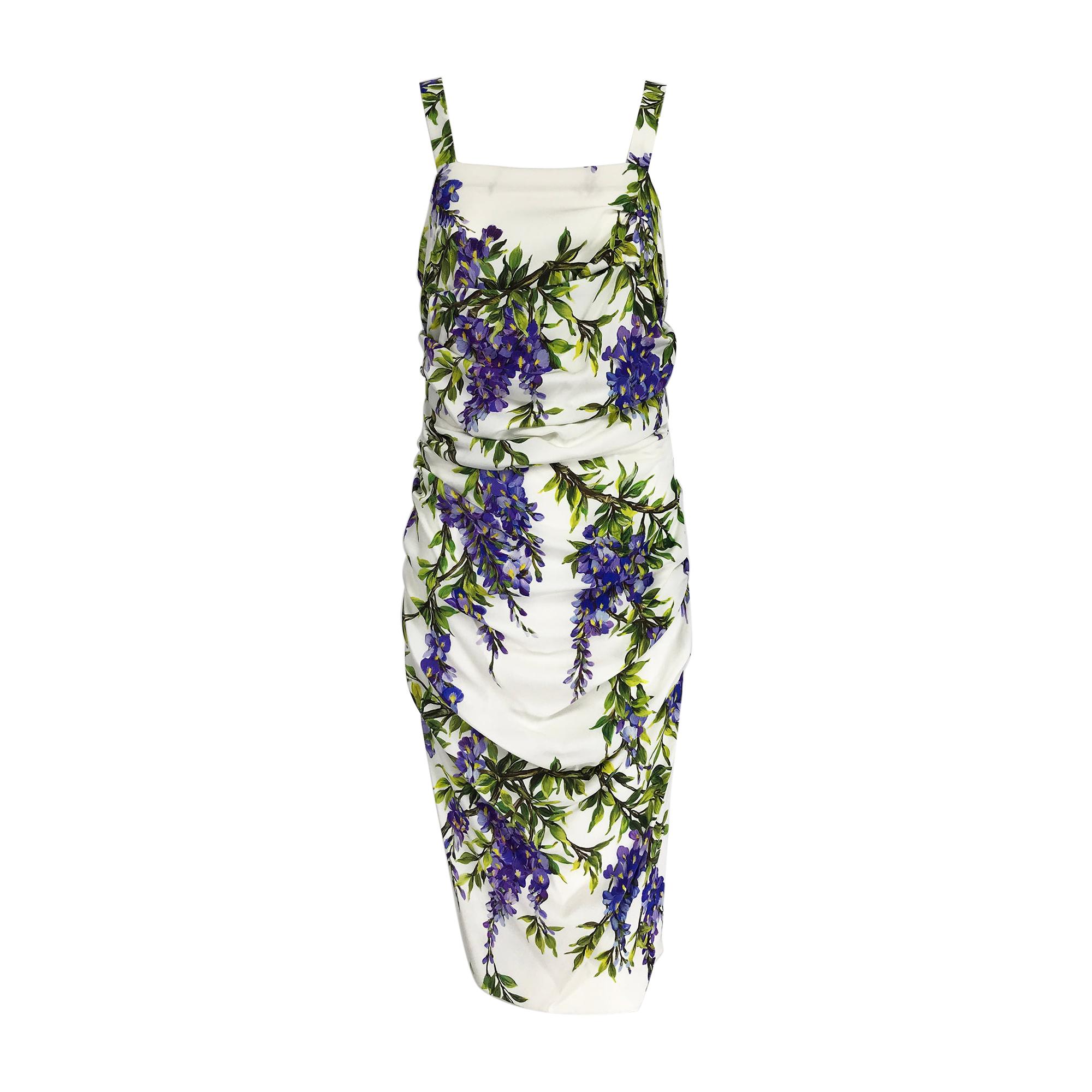 Dolce & Gabbana Wisteria Print Side Ruched Dress in White & Lavender
