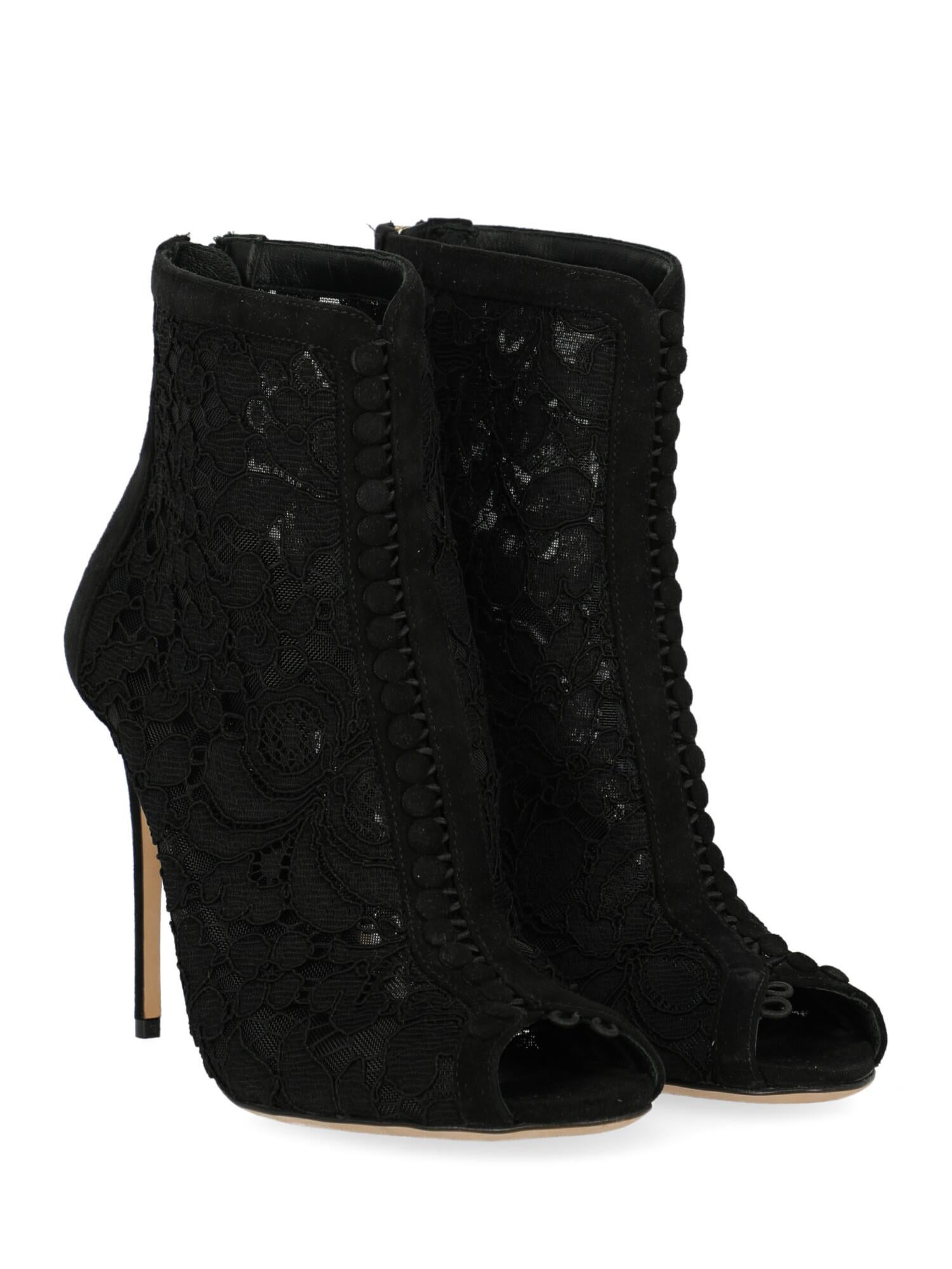 Ankle boots, fabric, other patterns, transparent, lace, suede, back zipper fastening, gold-tone hardware, open toe, stiletto heel, high heel, decorative buttons, covered button. Product Condition: Excellent. Sole: negligible marks. Dustbag: Yes.