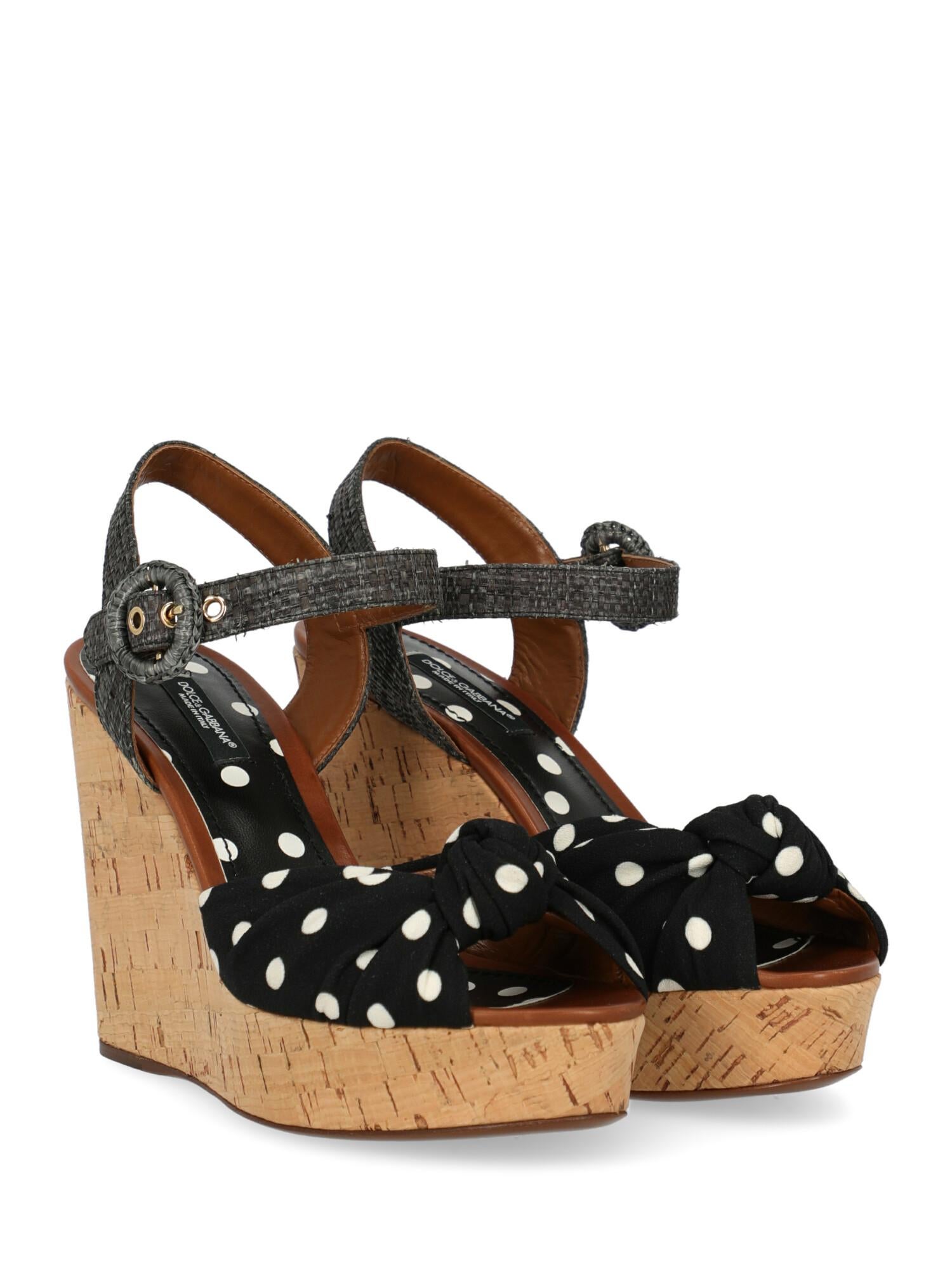 Wedges, fabric, polka dot, ankle strap, gold-tone hardware, leather insole, wedge heel, high heel, woven detail. Product Condition: Like New With Tag. . Dustbag: Yes. Box: Yes
