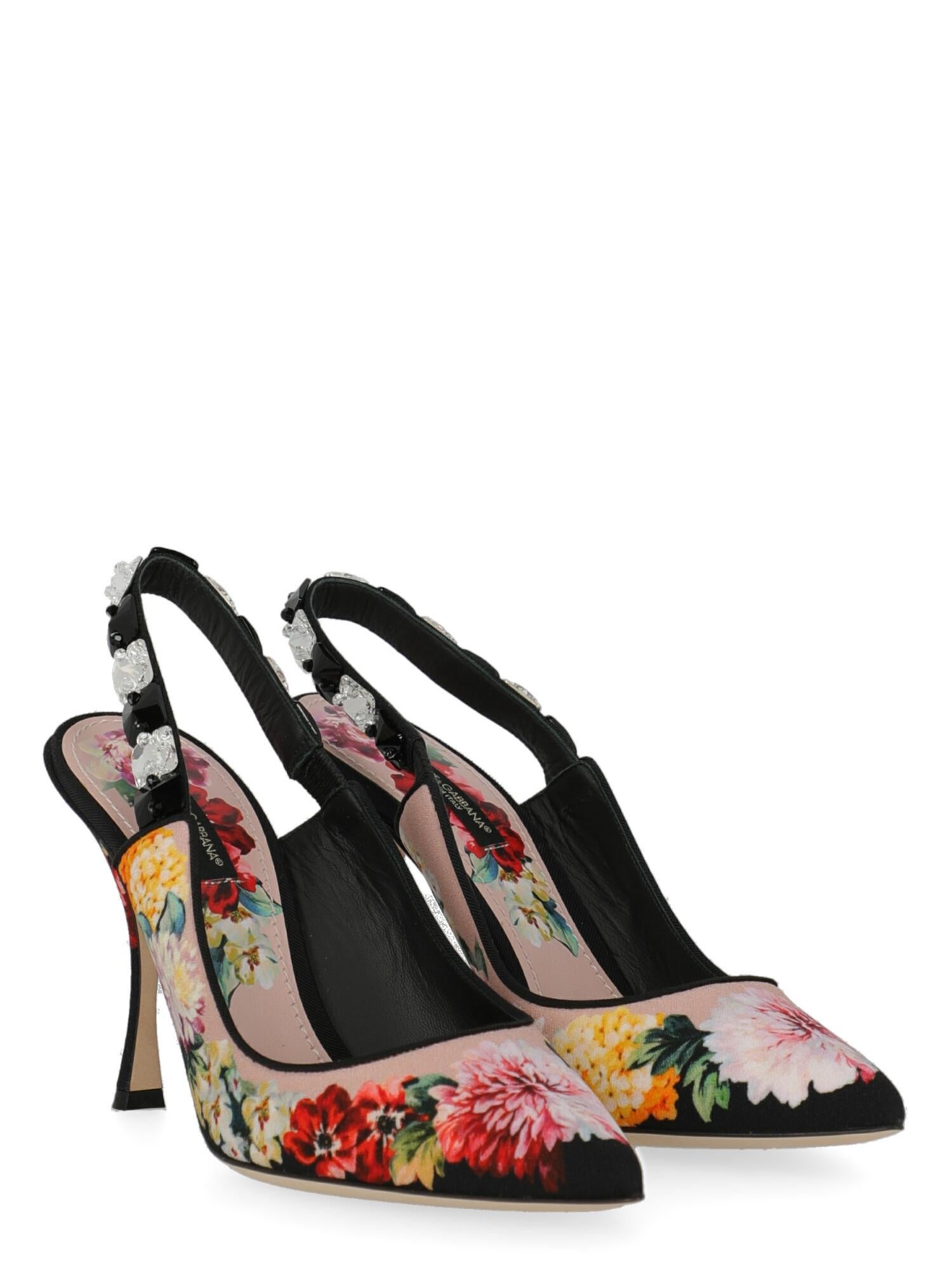 Shoe, fabric, floral print, elasticated slingback fastening, pointed toe, branded insole, branded sole, tapered heel, high heel, crystal embellishment.

Includes:
- Box
- Dust bag

Product Condition: New With Tag

Measurements:
Heel Height: 10