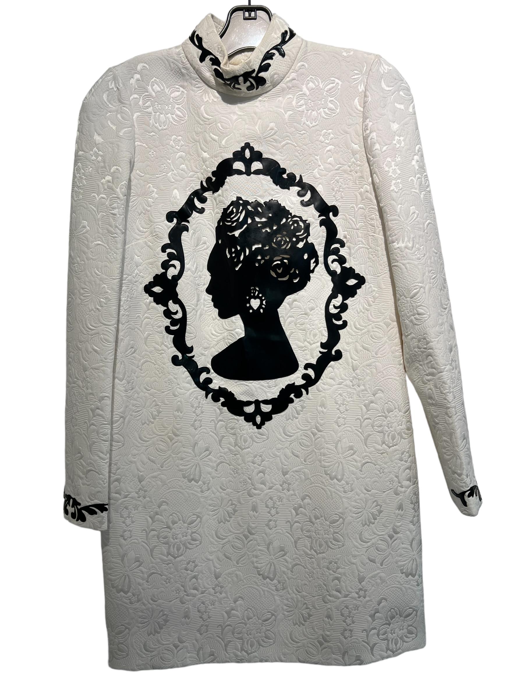 Dolce & Gabbana Women´s Embroidered Off-White Long Sleeve Dress with Black Vinyl Appliqué at Back and Collar. Size 42