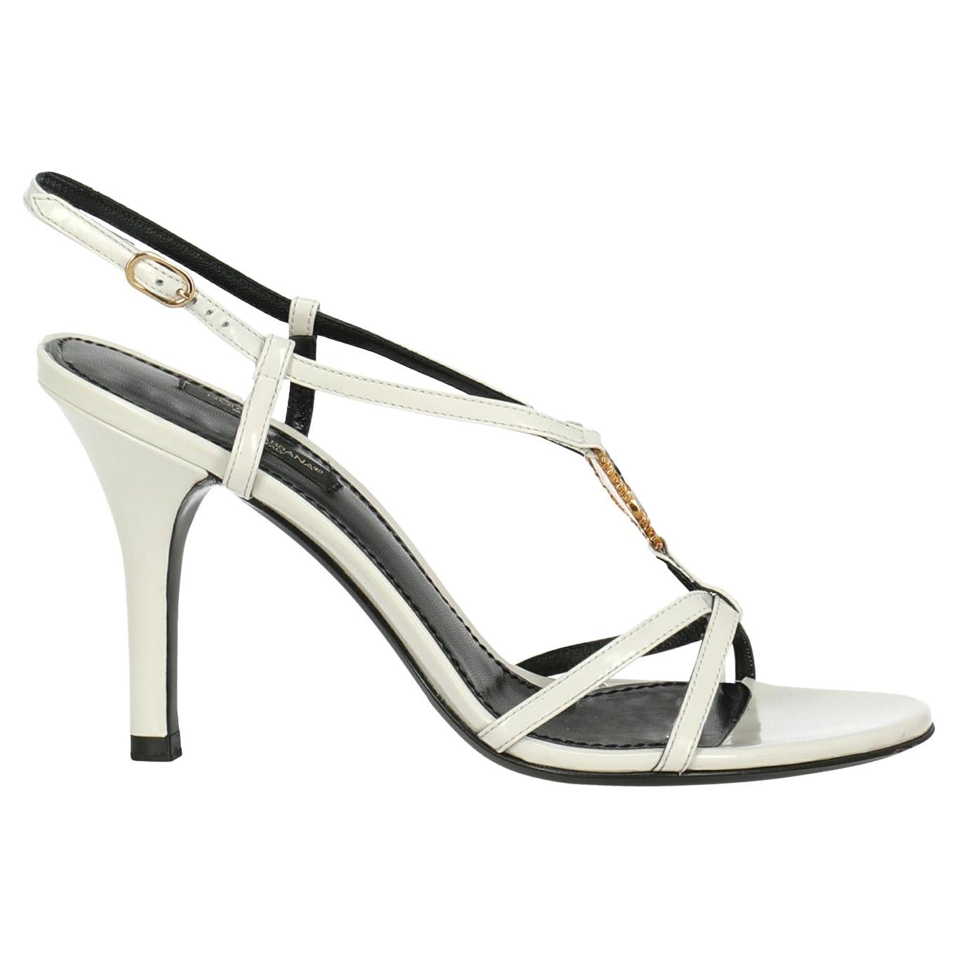 Dolce and Gabbana White Patent Leather and Crystal Embellished Flat