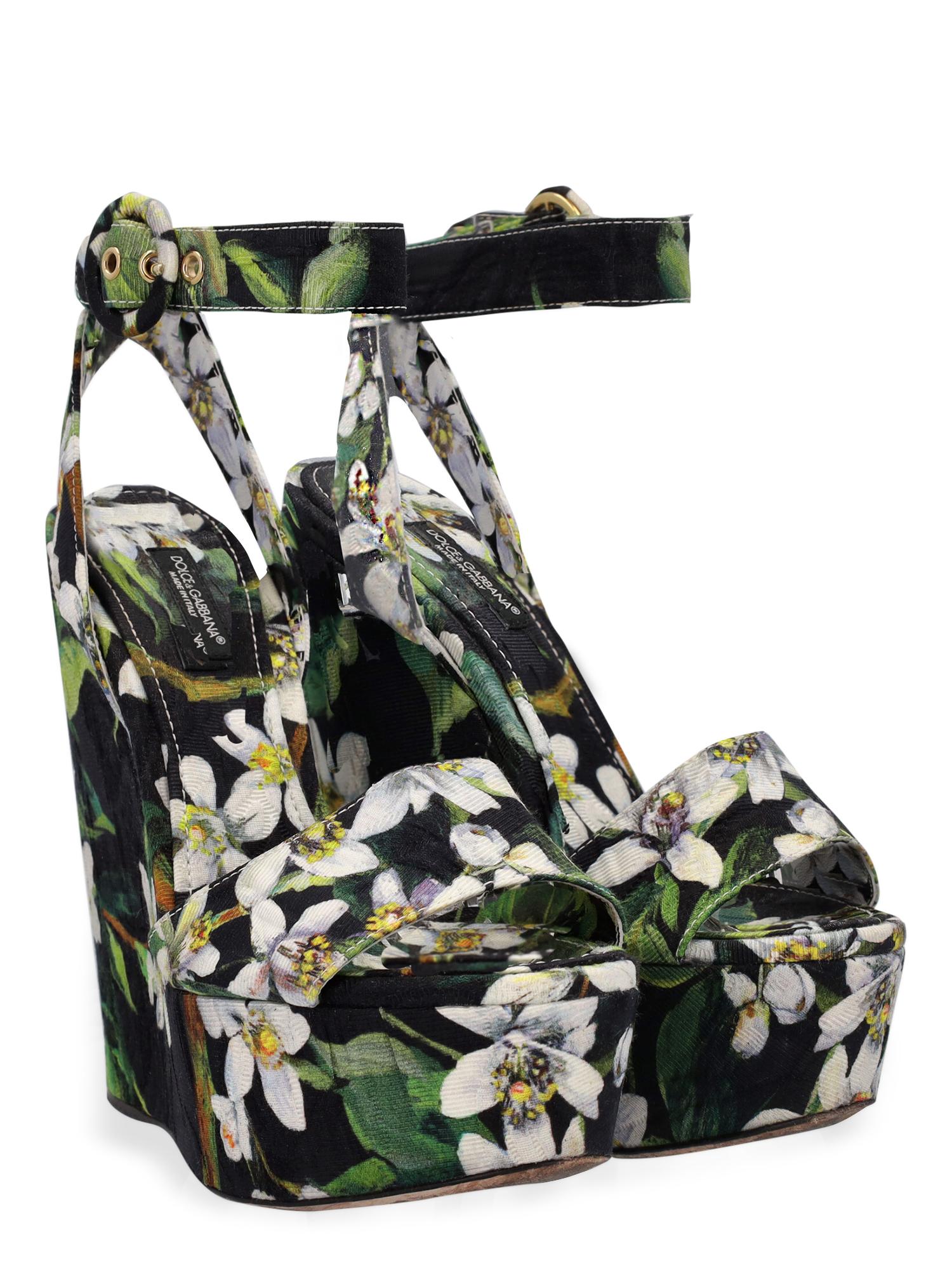 Product Description: Shoe, fabric, floral print, buckle fastening, gold-tone hardware, open toe, branded insole, wedge heel, high heel

Includes: 
- Dust bag

Product Condition: Very Good
Sole: visible signs of use.
	
Measurements:
Height: 14