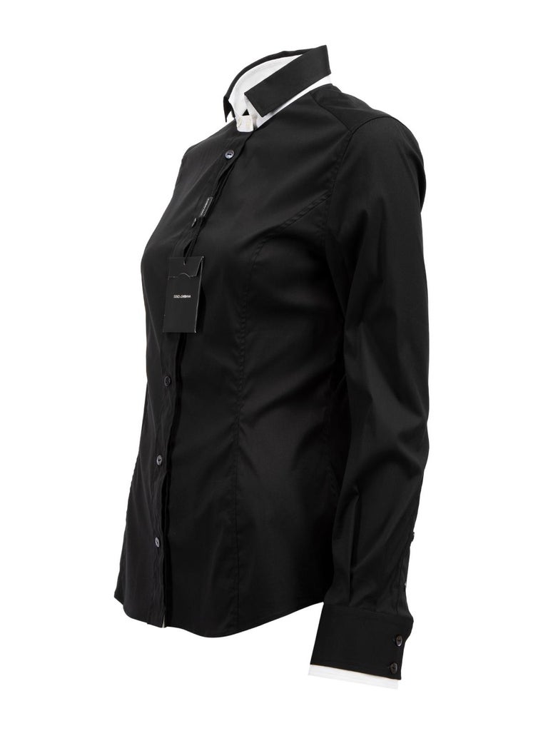 Dolce and Gabbana Women's Black Button Up Shirt with Contrast Collar