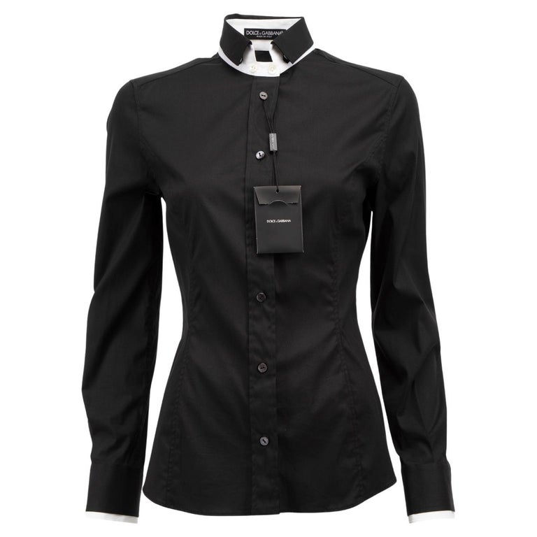 Dolce and Gabbana Women's Black Button Up Shirt with Contrast Collar
