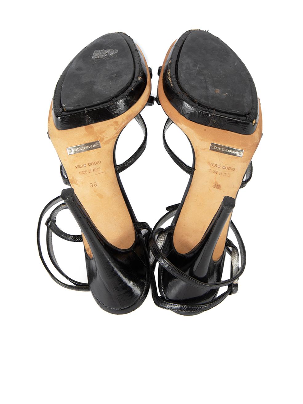 Dolce & Gabbana Women's Black Eel Leather Strappy Sandal Heel For Sale 2