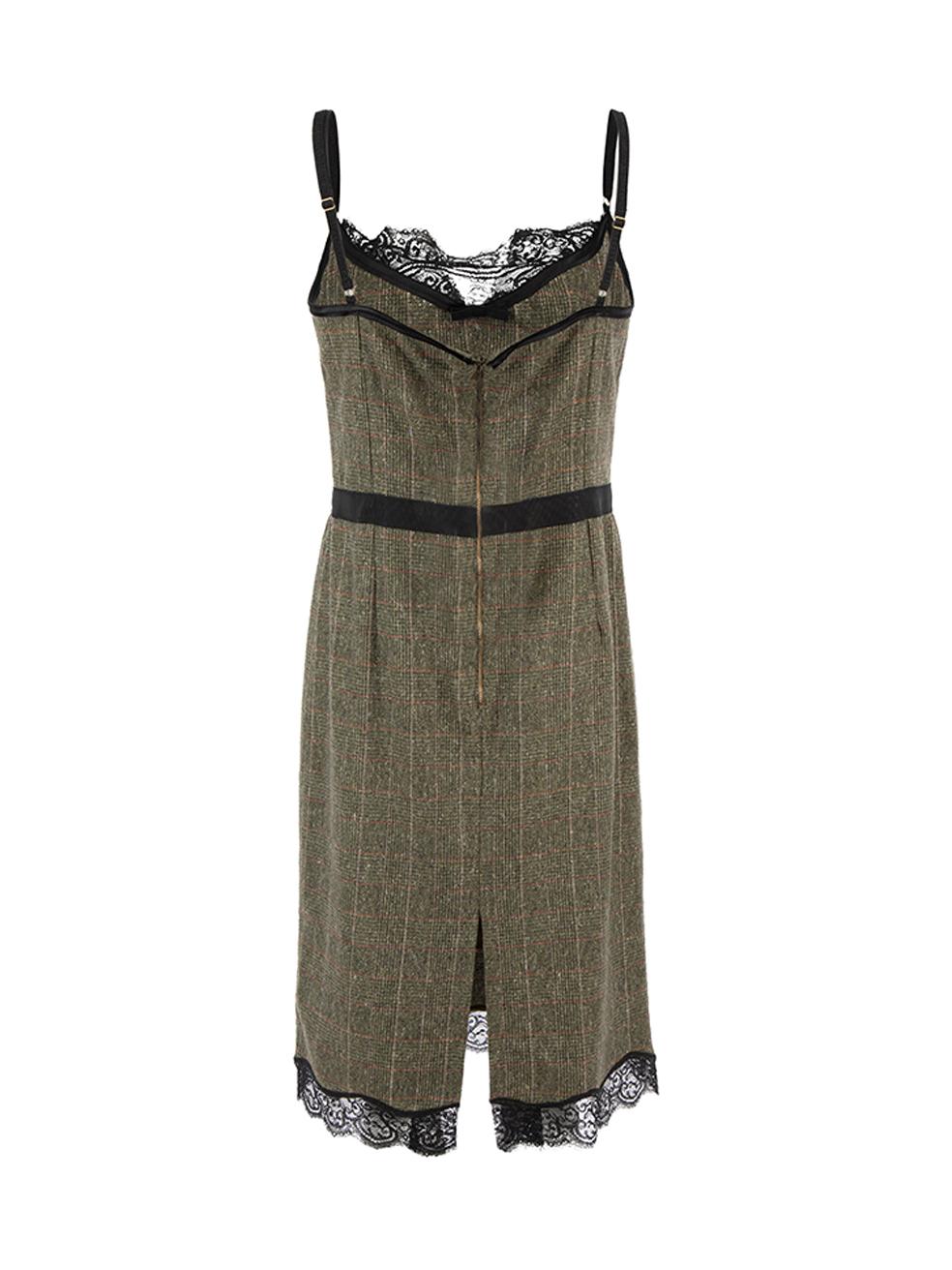 Dolce & Gabbana Women's D&G Olive Wool & Lace Tartan Sheath Dress In Excellent Condition In London, GB