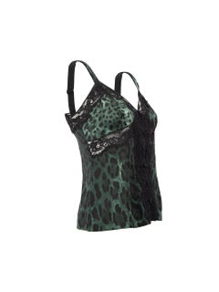 Dolce & Gabbana Women's Green Silk Leopard Print Lace Trim Camisole Top