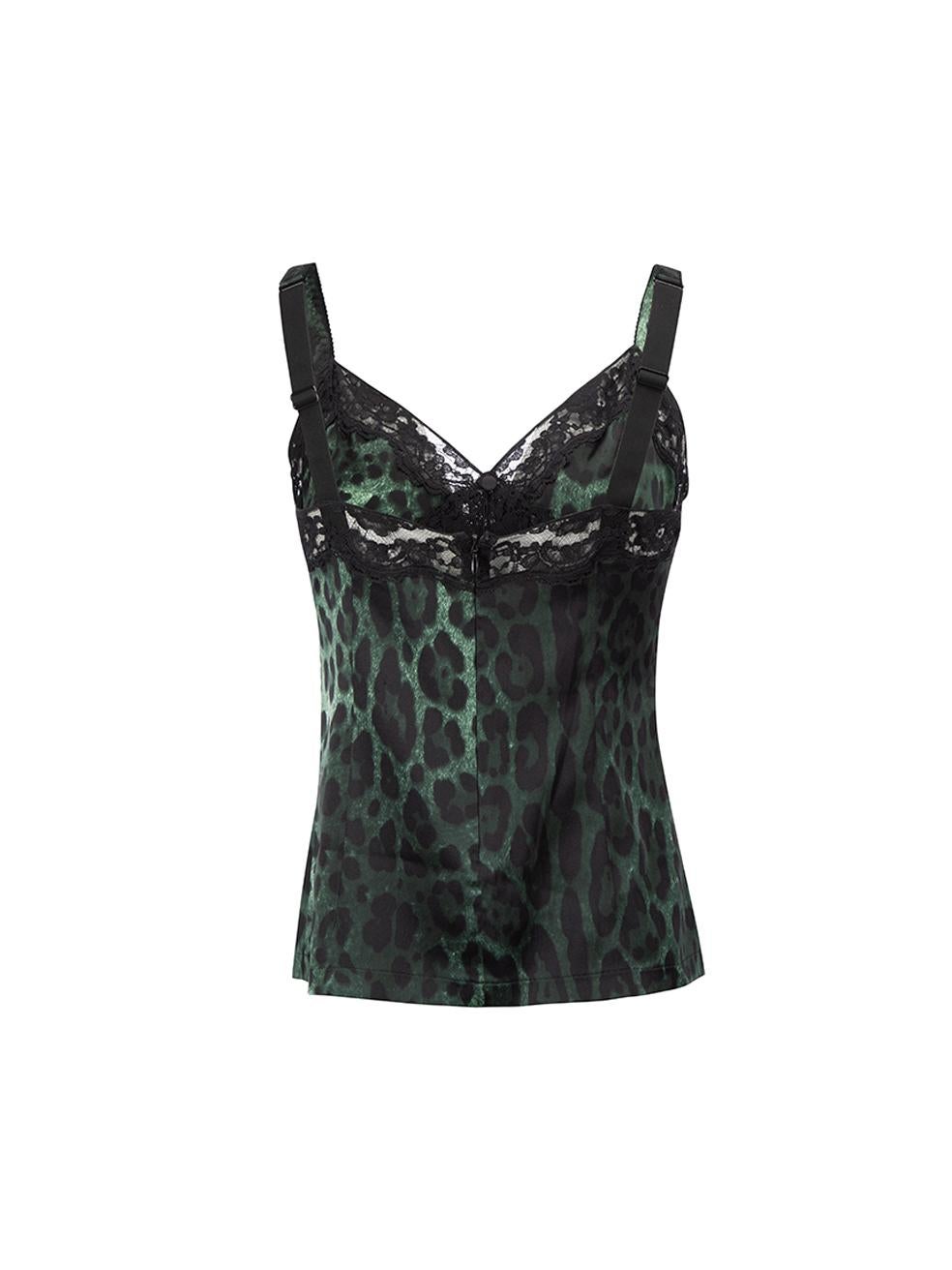 Black Dolce & Gabbana Women's Green Silk Leopard Print Lace Trim Camisole Top