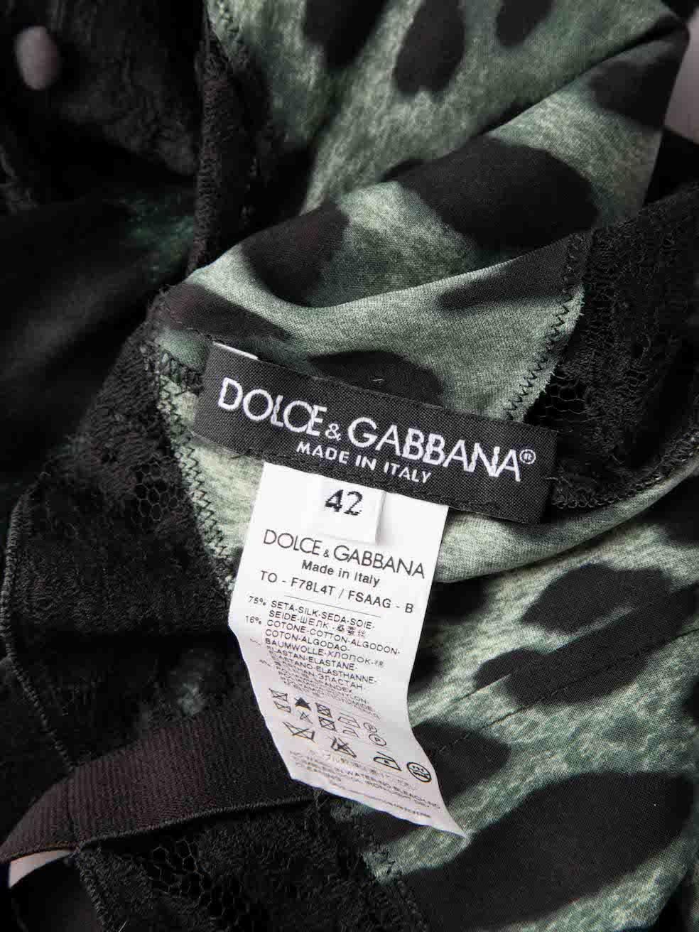 Dolce & Gabbana Women's Green Silk Leopard Print Lace Trim Camisole Top In Good Condition In London, GB