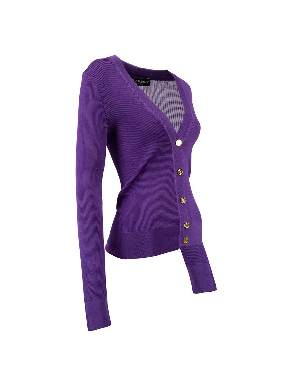 CONDITION is Very good. Hardly any visible wear to cardigan is evident on this used Dolce & Gabbana designer resale item. 
 
 Details
  Purple
 Synthetic
 Long sleeves cardigan
 Front button up closure
 D initial buttons
 
 
 Made in Italy
 
