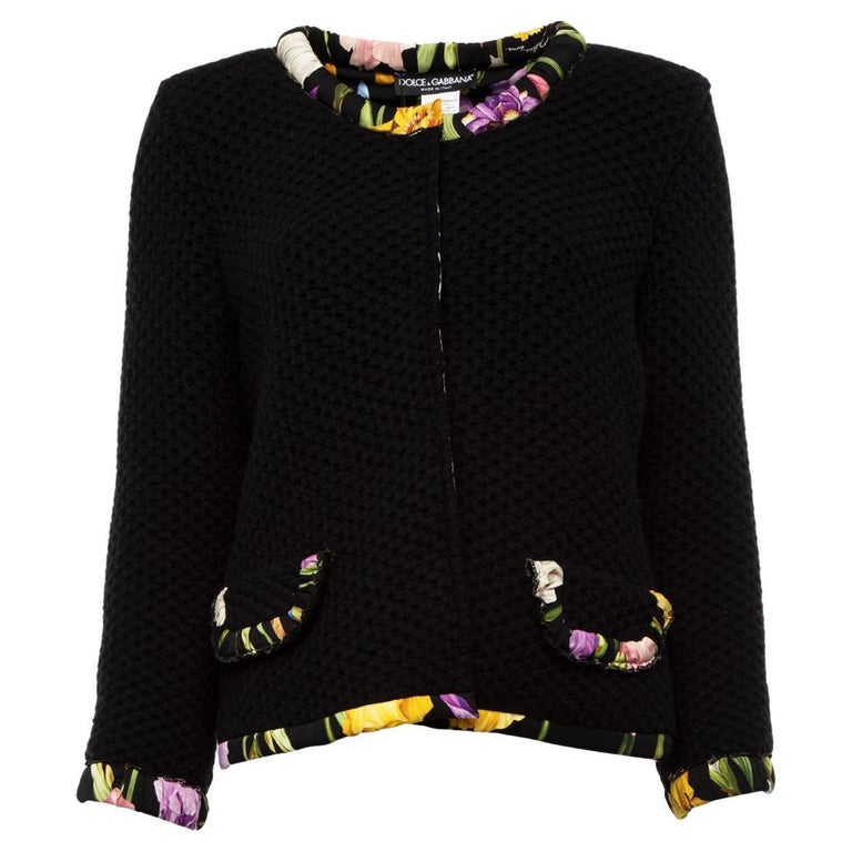 Dolce & Gabbana Black Floral Print Wool Button Down Bomber Jacket