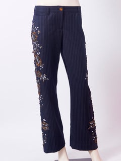 Dolce & Gabbana Wool Chalk Stripe  Trouser with Sequins and Beads Floral Detail