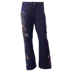 Dolce & Gabbana Wool Chalk Stripe  Trouser with Sequins and Beads Floral Detail