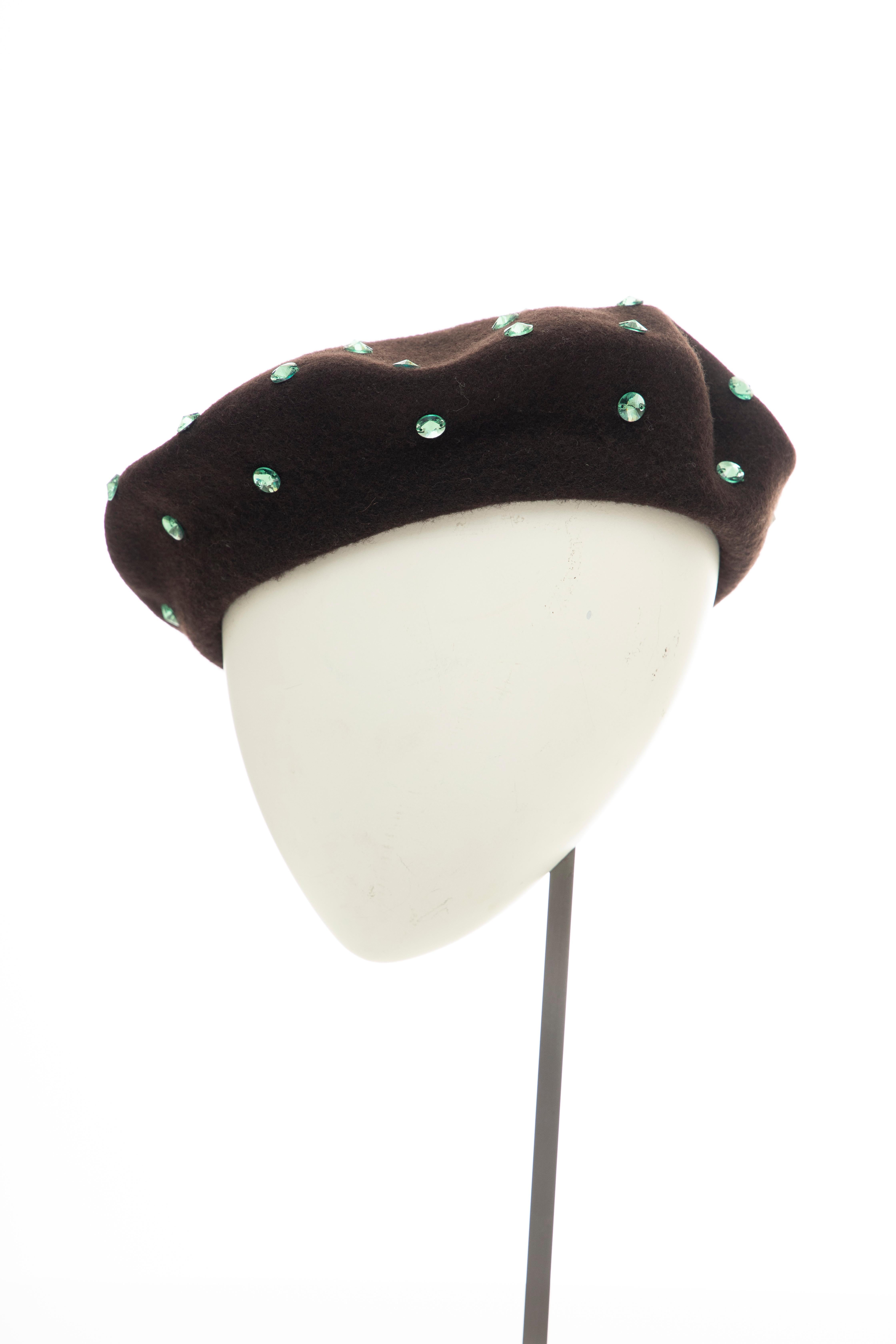 Dolce & Gabbana Wool Chocolate Brown Turquoise Cut Crystals Beret, Fall 2000 4