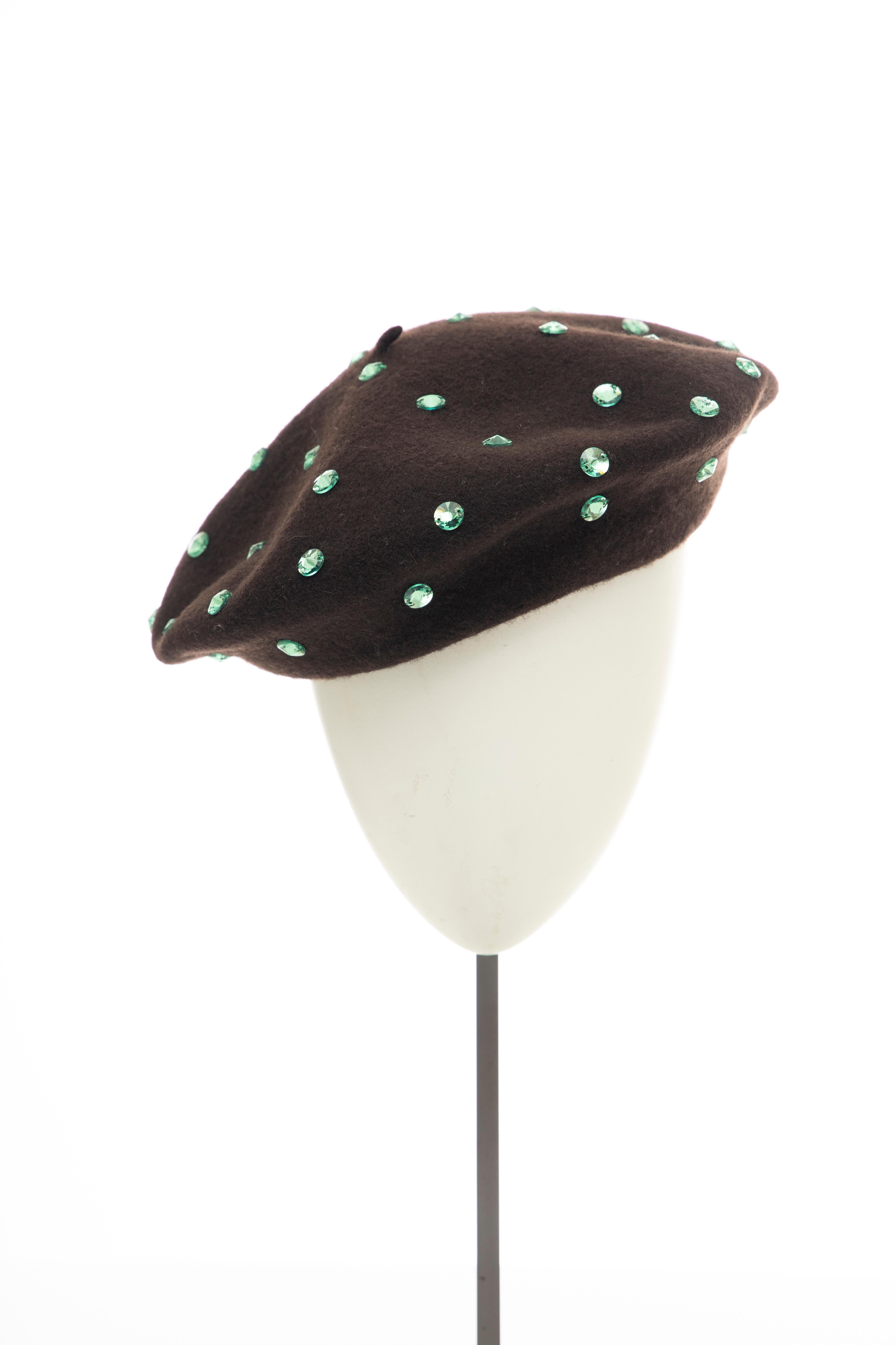 Dolce & Gabbana Wool Chocolate Brown Turquoise Cut Crystals Beret, Fall 2000 5