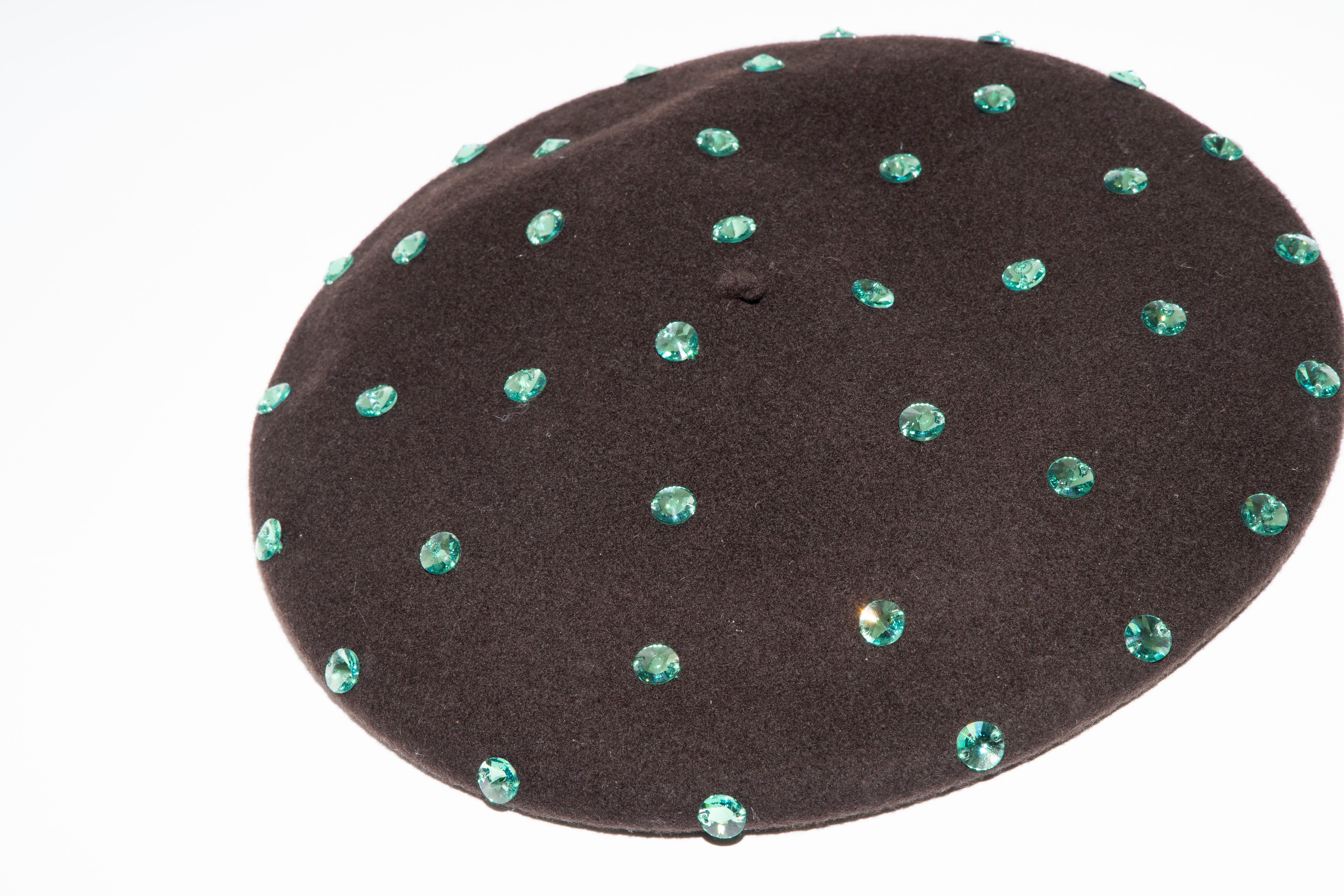 Dolce & Gabbana Wool Chocolate Brown Turquoise Cut Crystals Beret, Fall 2000 6