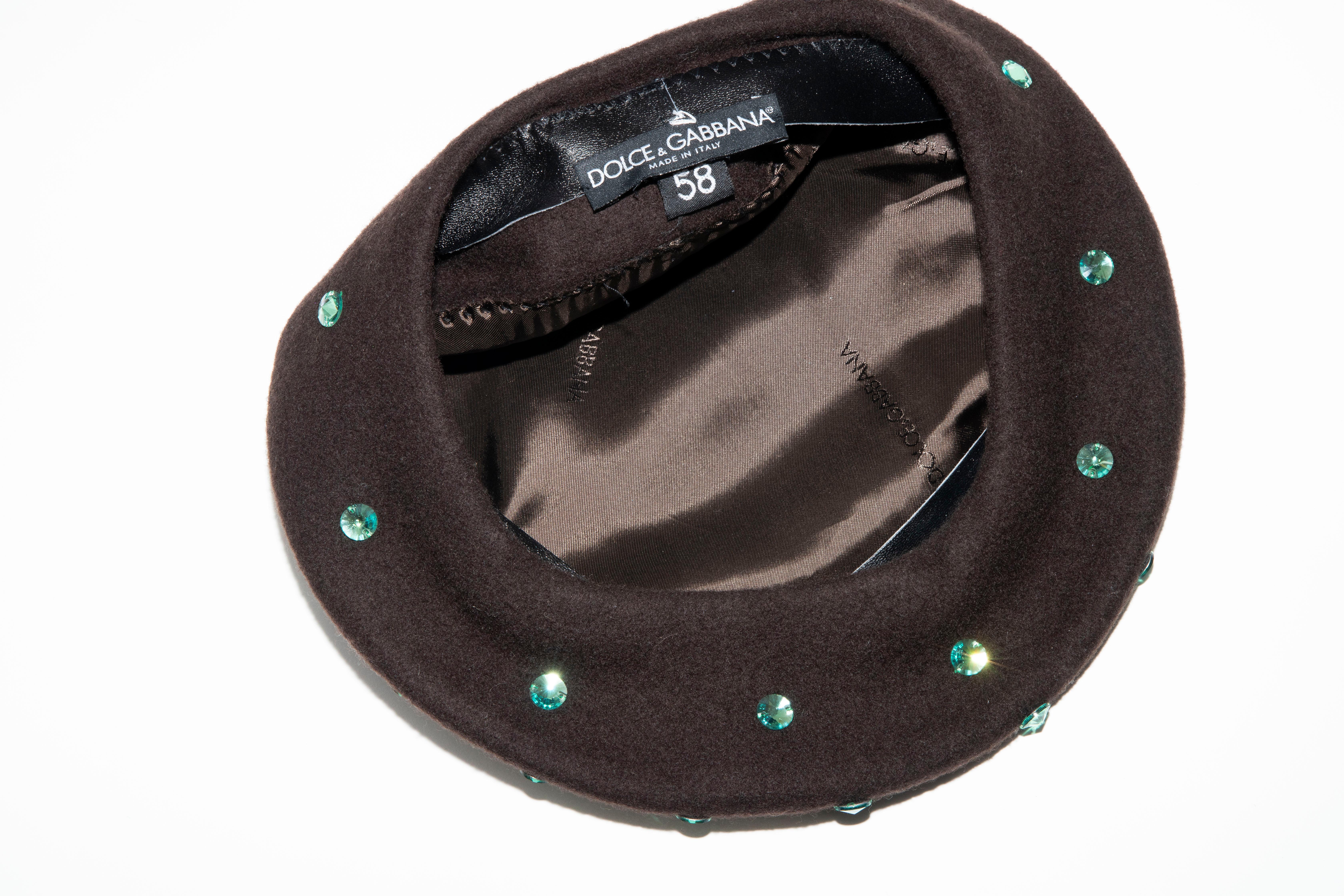 Dolce & Gabbana Wool Chocolate Brown Turquoise Cut Crystals Beret, Fall 2000 7
