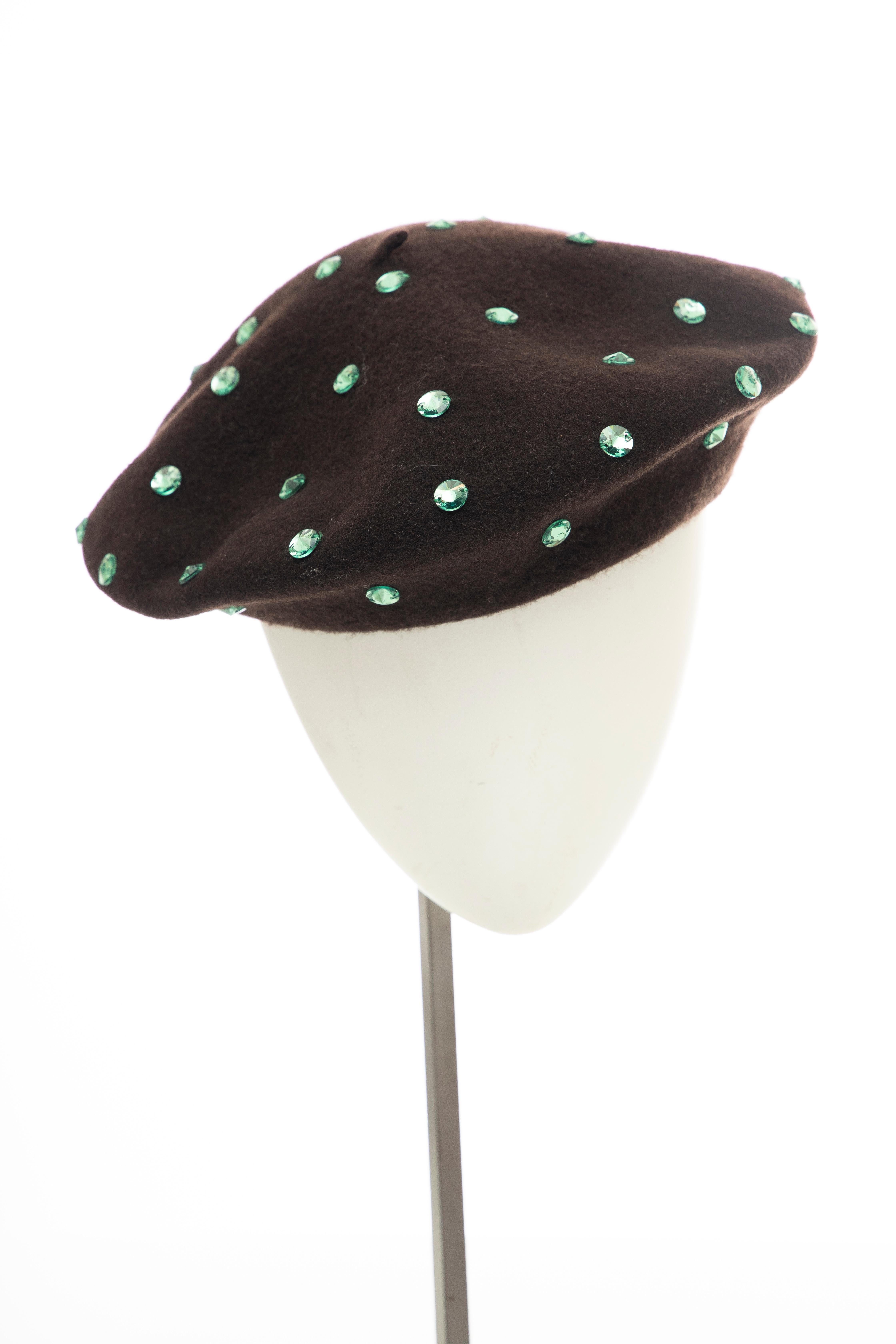 Green Dolce & Gabbana Wool Chocolate Brown Turquoise Cut Crystals Beret, Fall 2000