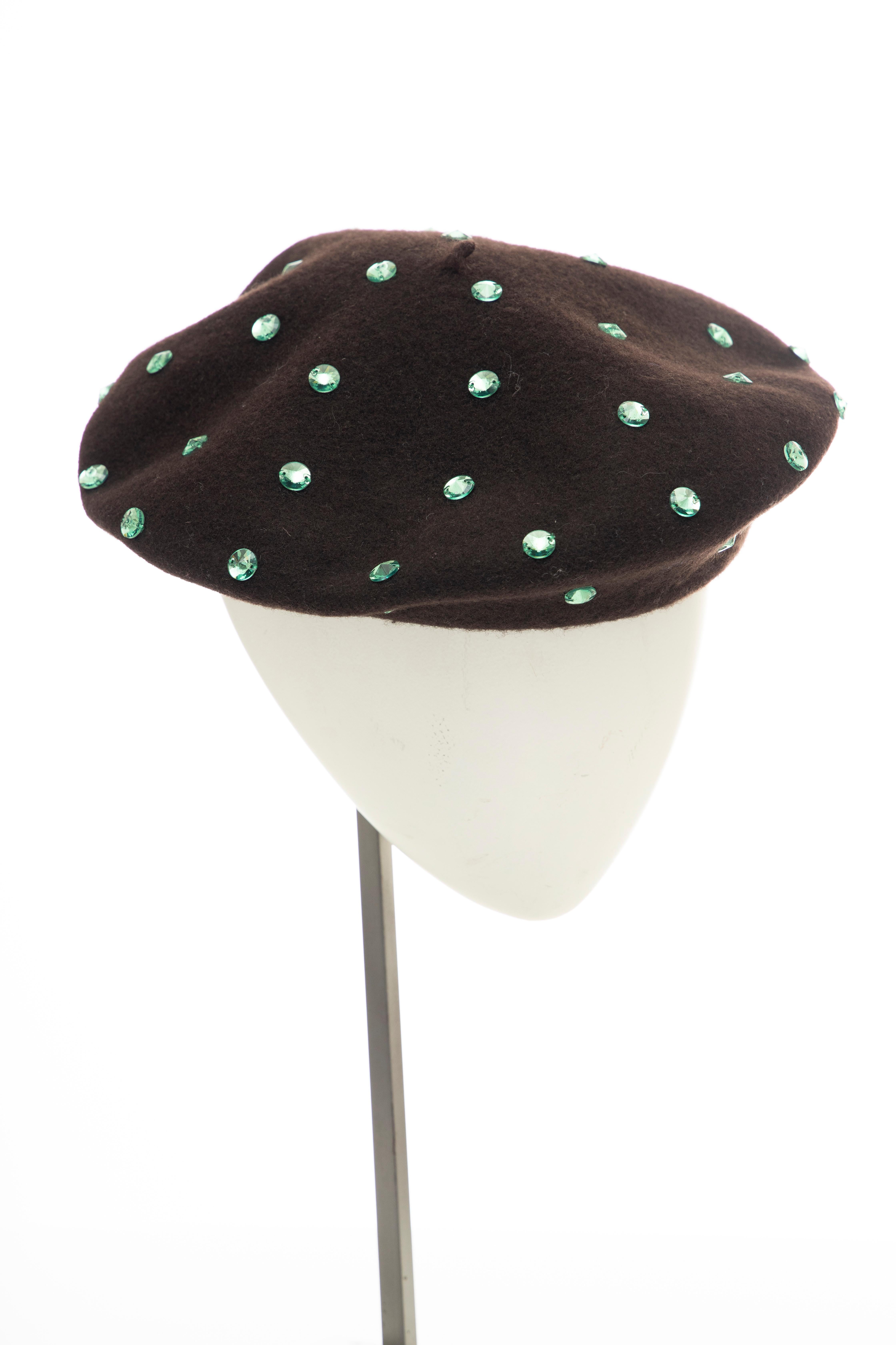 Dolce & Gabbana Wool Chocolate Brown Turquoise Cut Crystals Beret, Fall 2000 In Excellent Condition In Cincinnati, OH