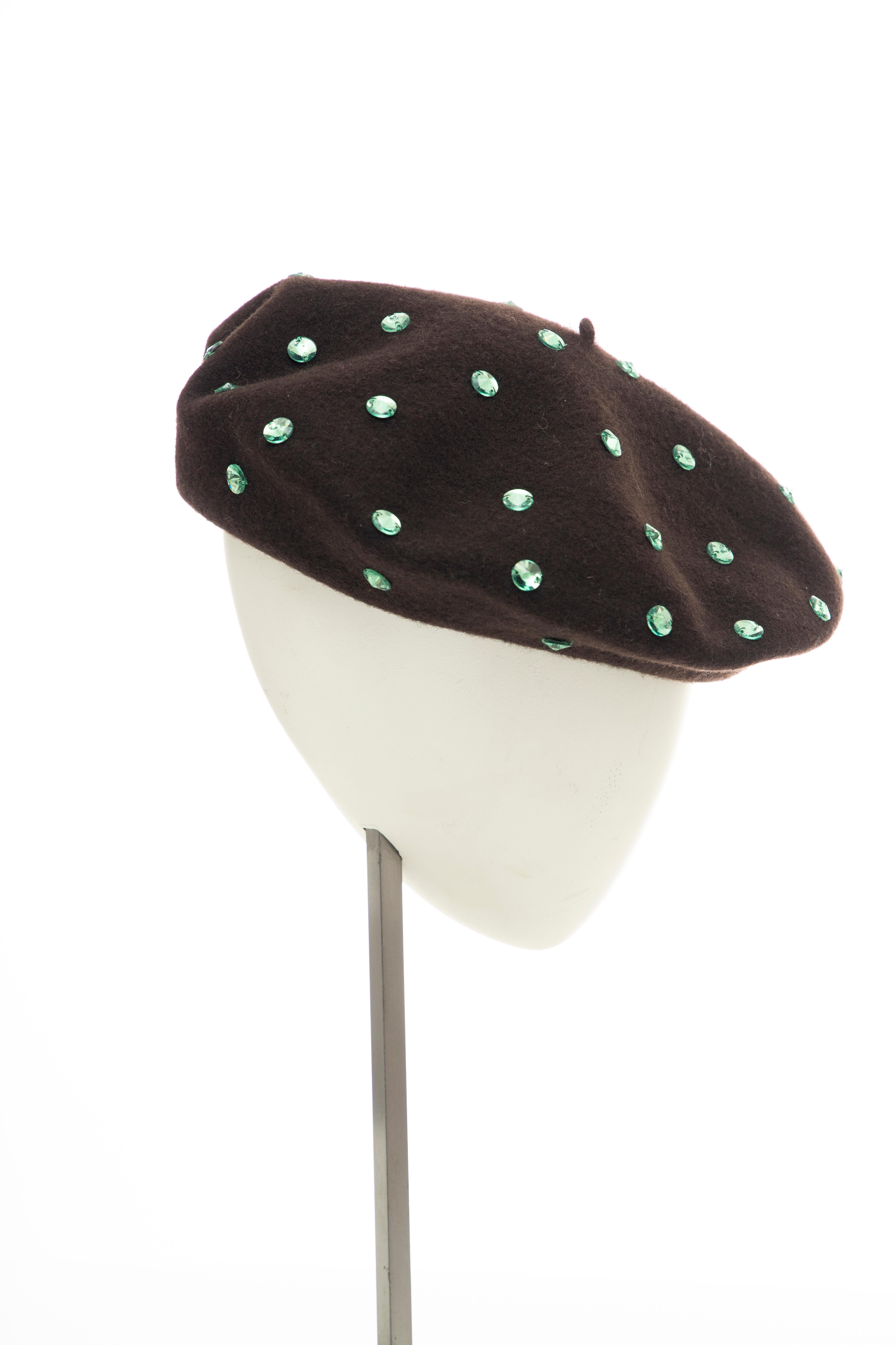 Dolce & Gabbana Wool Chocolate Brown Turquoise Cut Crystals Beret, Fall 2000 1