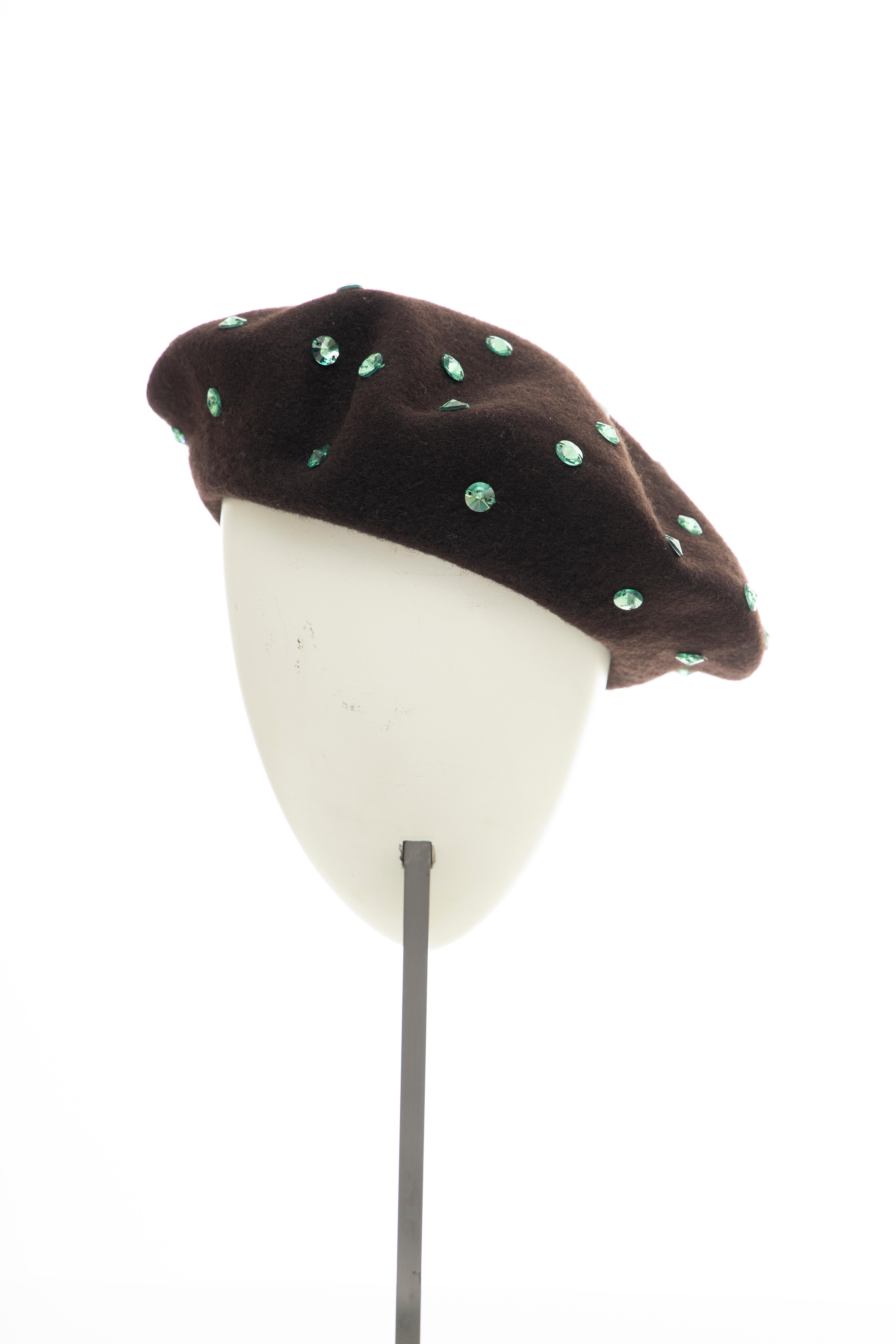 Dolce & Gabbana Wool Chocolate Brown Turquoise Cut Crystals Beret, Fall 2000 2