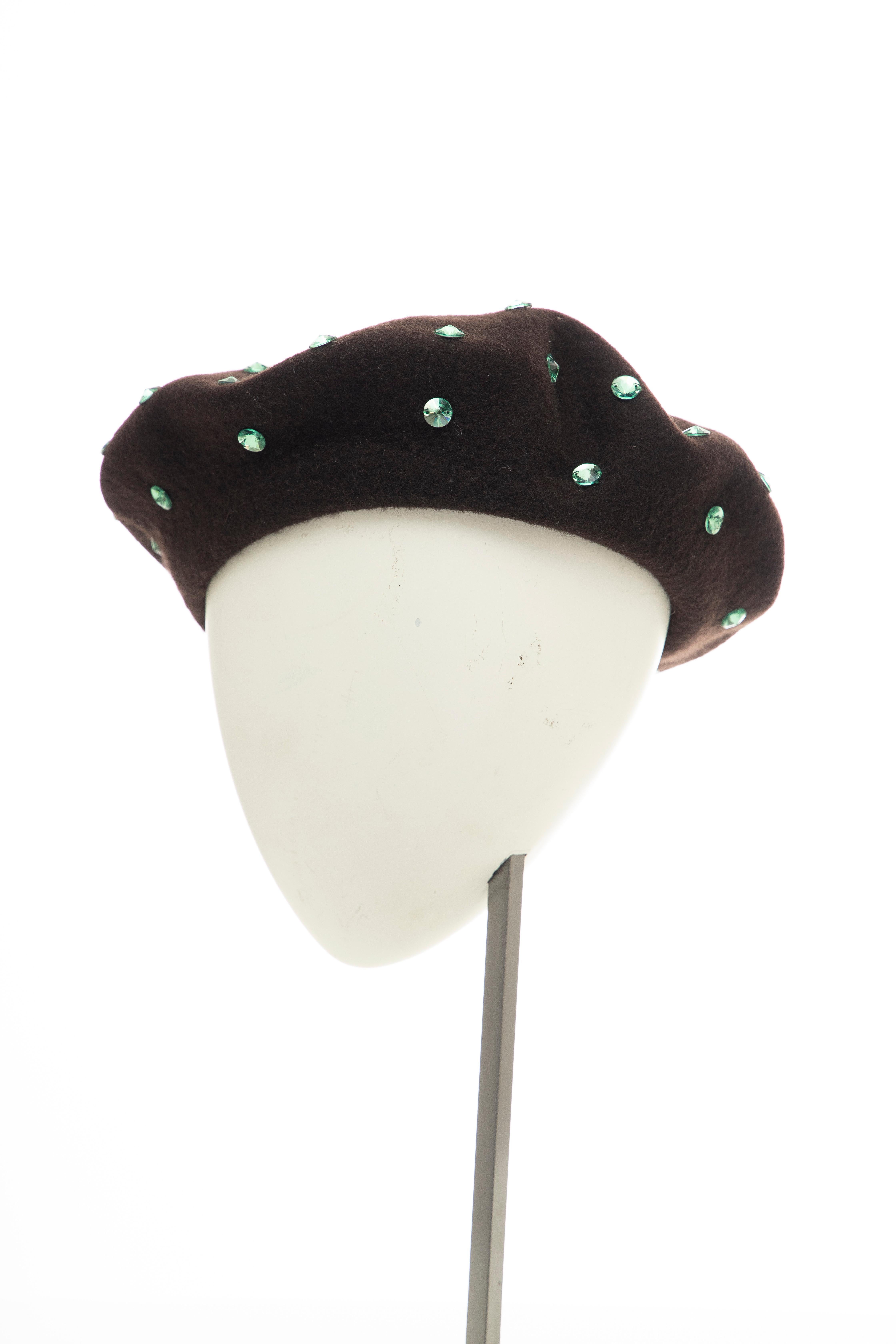 Dolce & Gabbana Wool Chocolate Brown Turquoise Cut Crystals Beret, Fall 2000 3