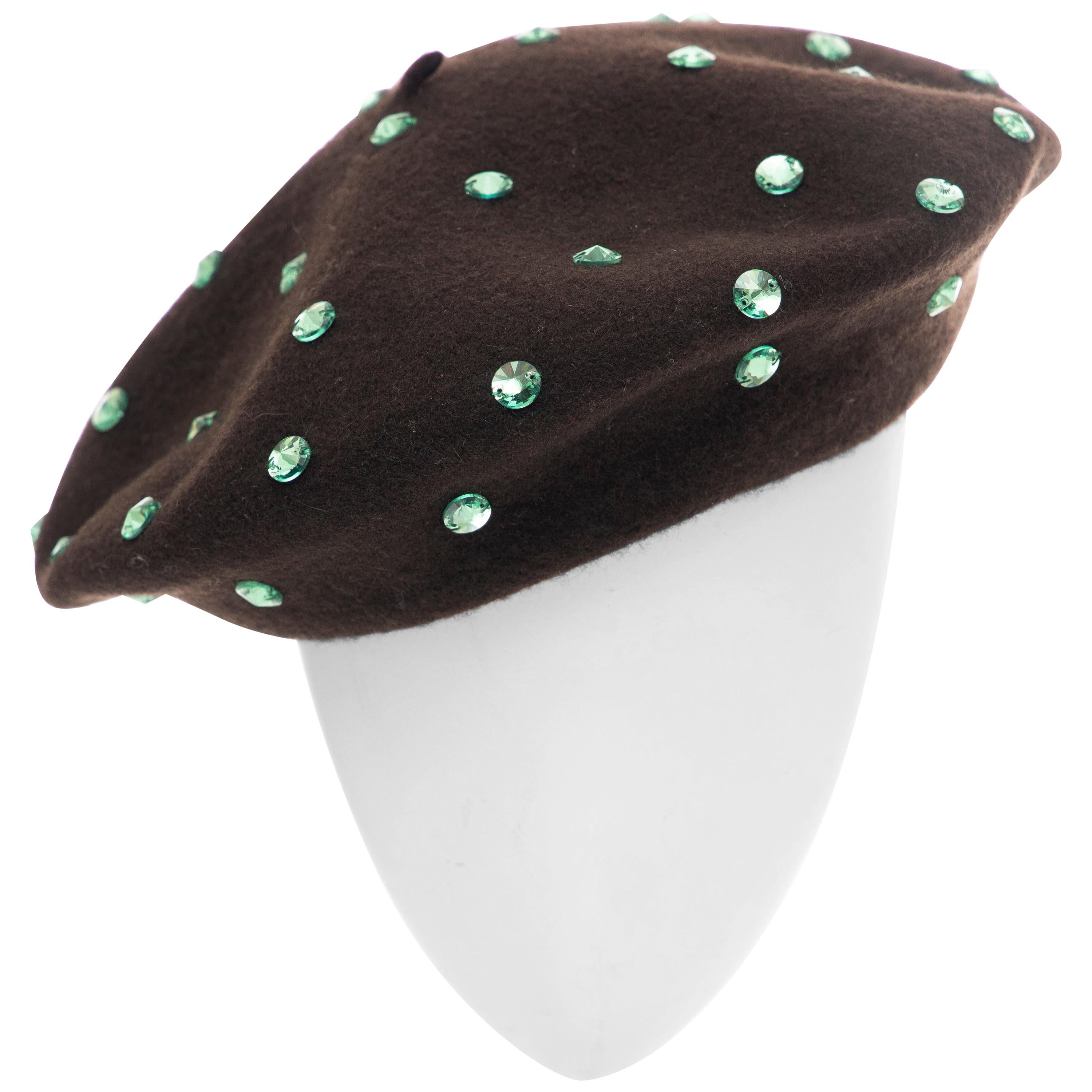 Dolce 
Gabbana Wool Chocolate Brown Turquoise Cut Crystals Beret, Fall 2000