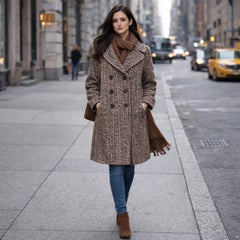 Dolce & Gabbana Wool Coat Classic Herringbone Double Breasted Brown Cream Sz 40