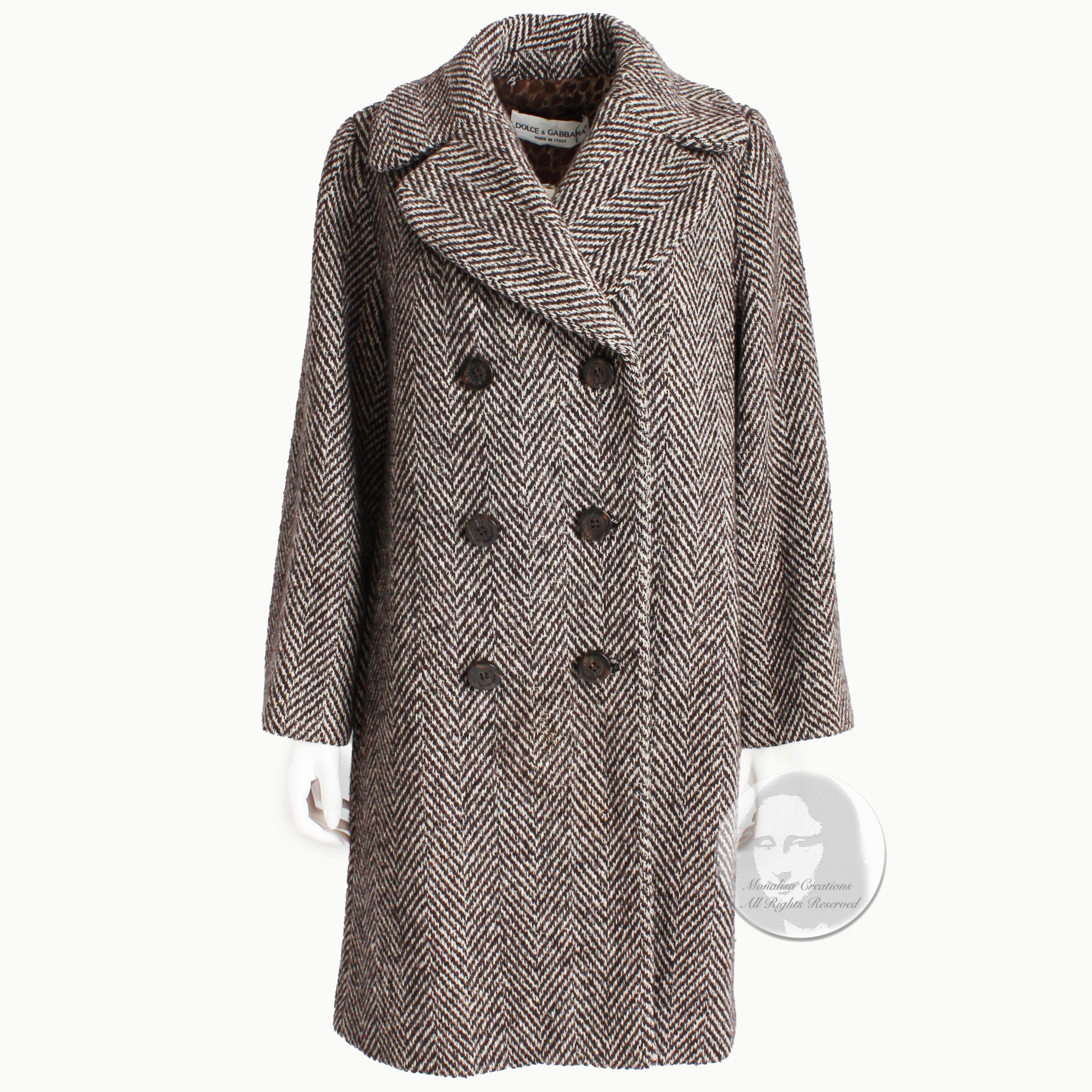 Dolce & Gabbana Wool Coat Classic Herringbone Double Breasted Brown Cream Sz 40 In Good Condition In Port Saint Lucie, FL