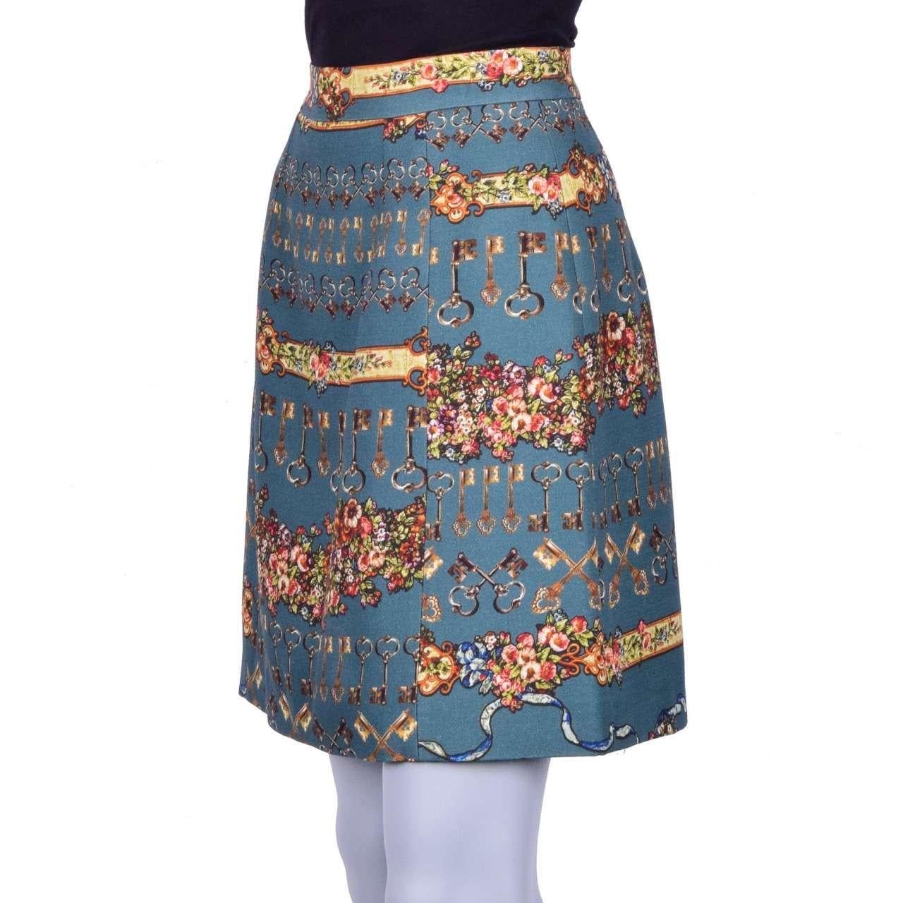 Dolce & Gabbana - Wool Silk Skirt with Keys Print Green For Sale 1