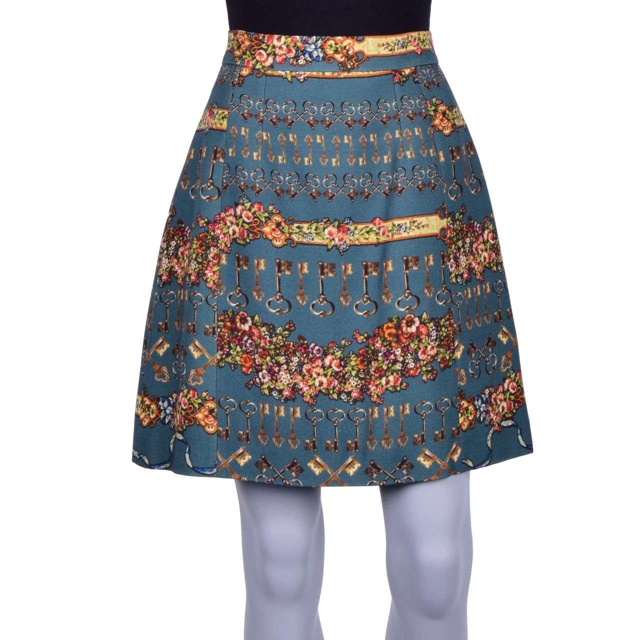 Dolce & Gabbana - Wool Silk Skirt with Keys Print Green For Sale 2