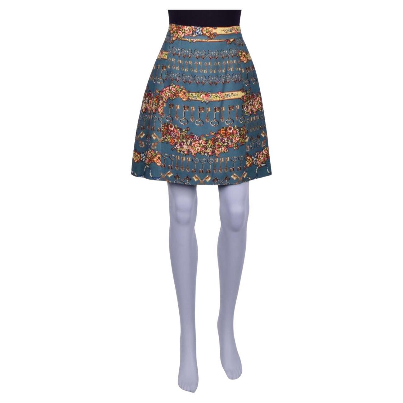 Dolce & Gabbana - Wool Silk Skirt with Keys Print Green For Sale