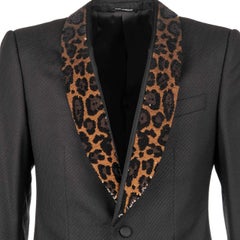 Dolce & Gabbana Wool Tuxedo Blazer SICILIA with Sequined Leopard Lapel Black 46