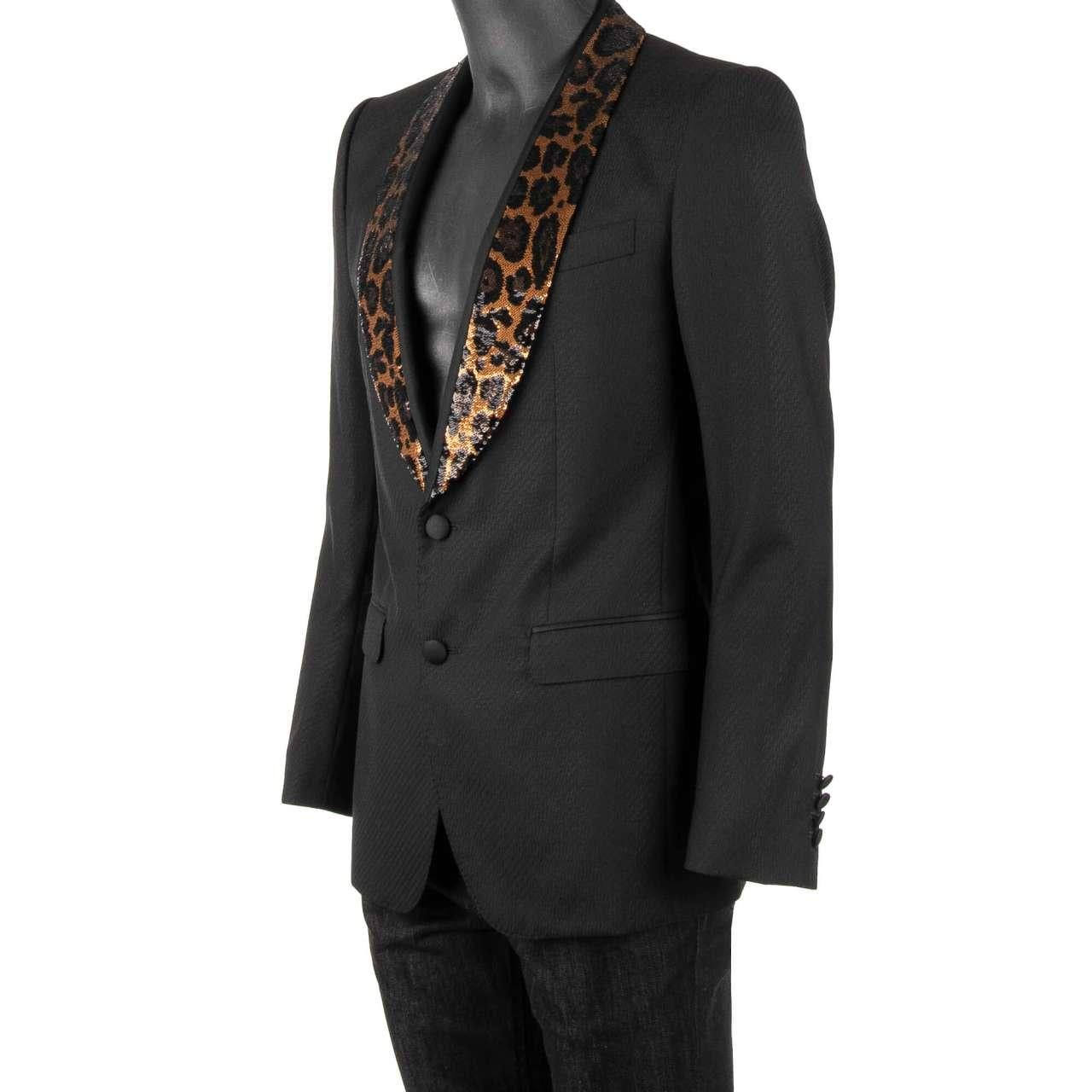Dolce & Gabbana Wool Tuxedo Blazer SICILIA with Sequined Leopard Lapel Black 46 In Excellent Condition For Sale In Erkrath, DE