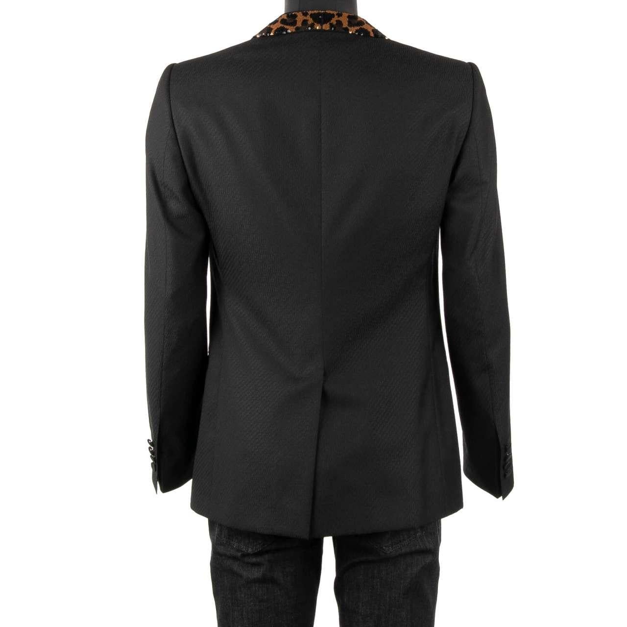 Men's Dolce & Gabbana Wool Tuxedo Blazer SICILIA with Sequined Leopard Lapel Black 46 For Sale