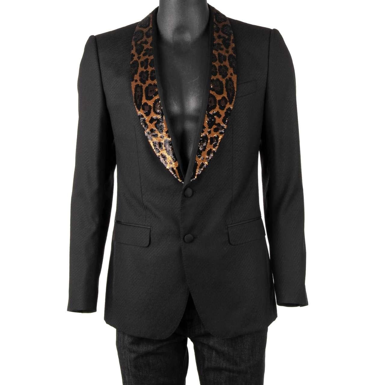 Dolce & Gabbana Wool Tuxedo Blazer SICILIA with Sequined Leopard Lapel Black 46 For Sale 1