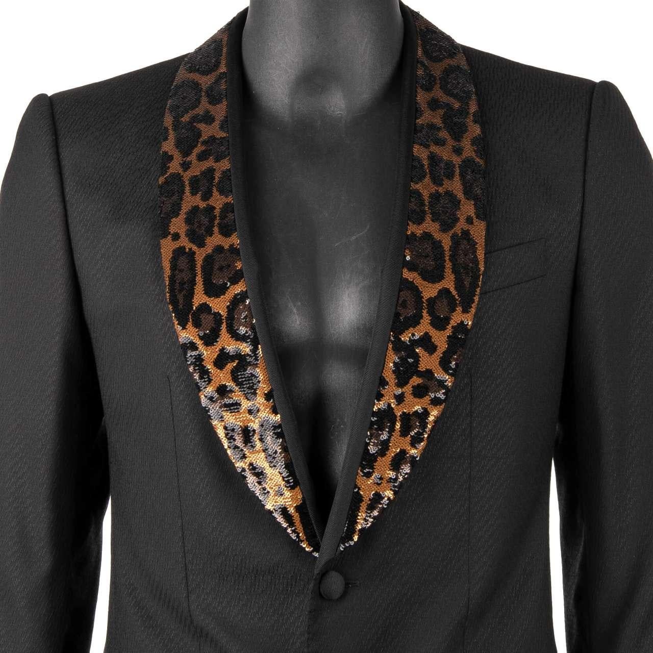 Dolce & Gabbana Wool Tuxedo Blazer SICILIA with Sequined Leopard Lapel Black 46 For Sale 2
