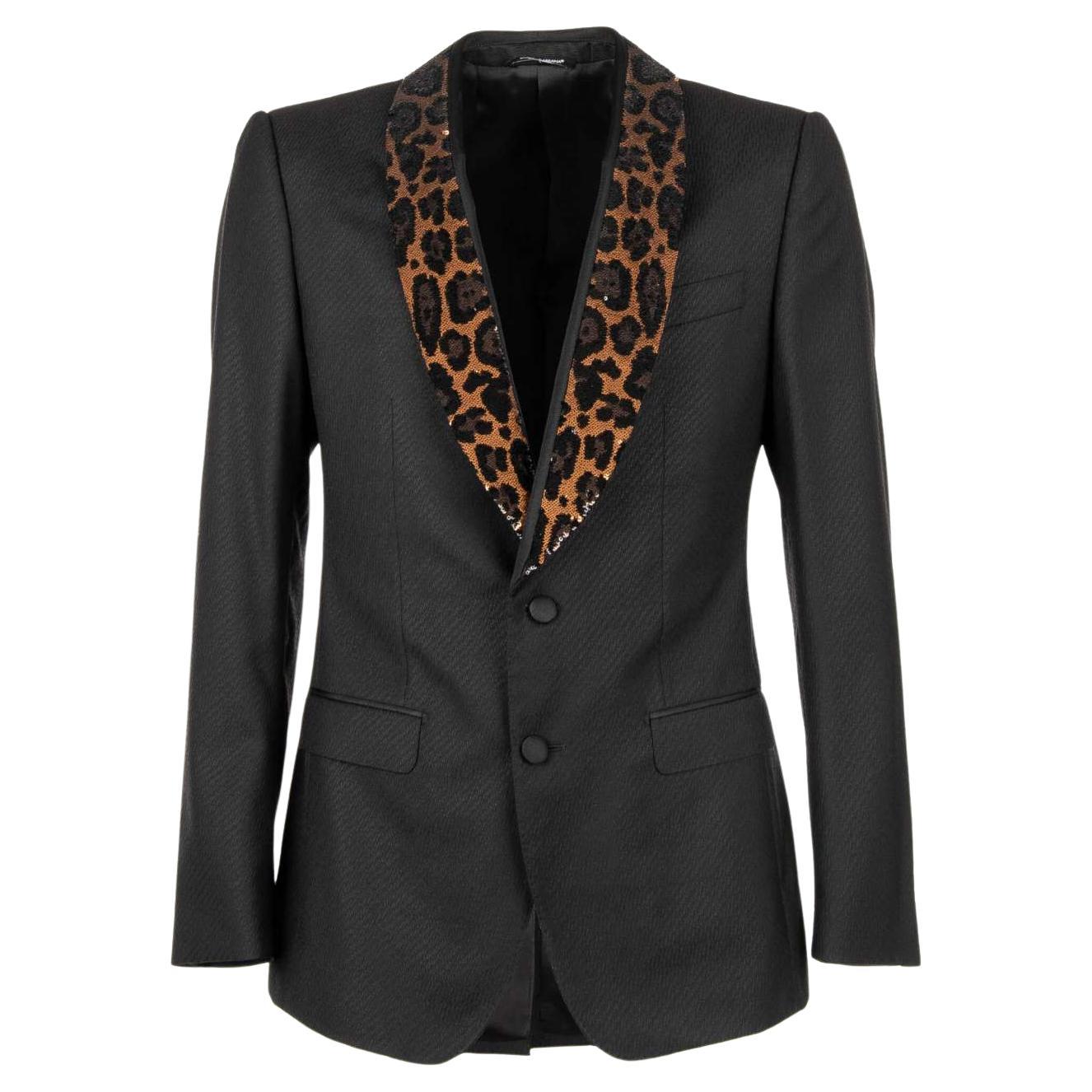 Dolce & Gabbana Wool Tuxedo Blazer SICILIA with Sequined Leopard Lapel Black 46 For Sale