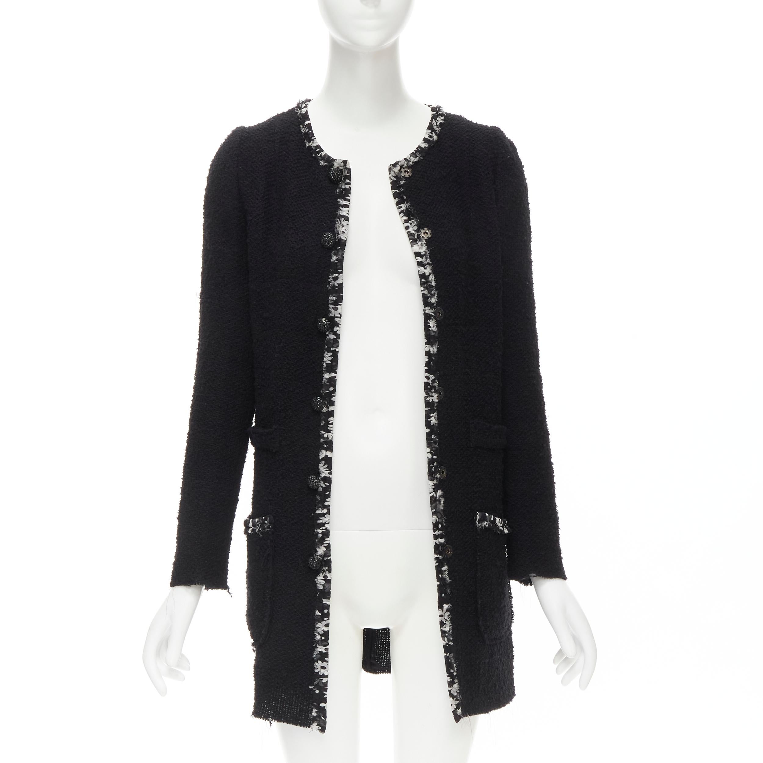 Black DOLCE GABBANA wool tweed floral silk trim crystal button long coat IT36 XS