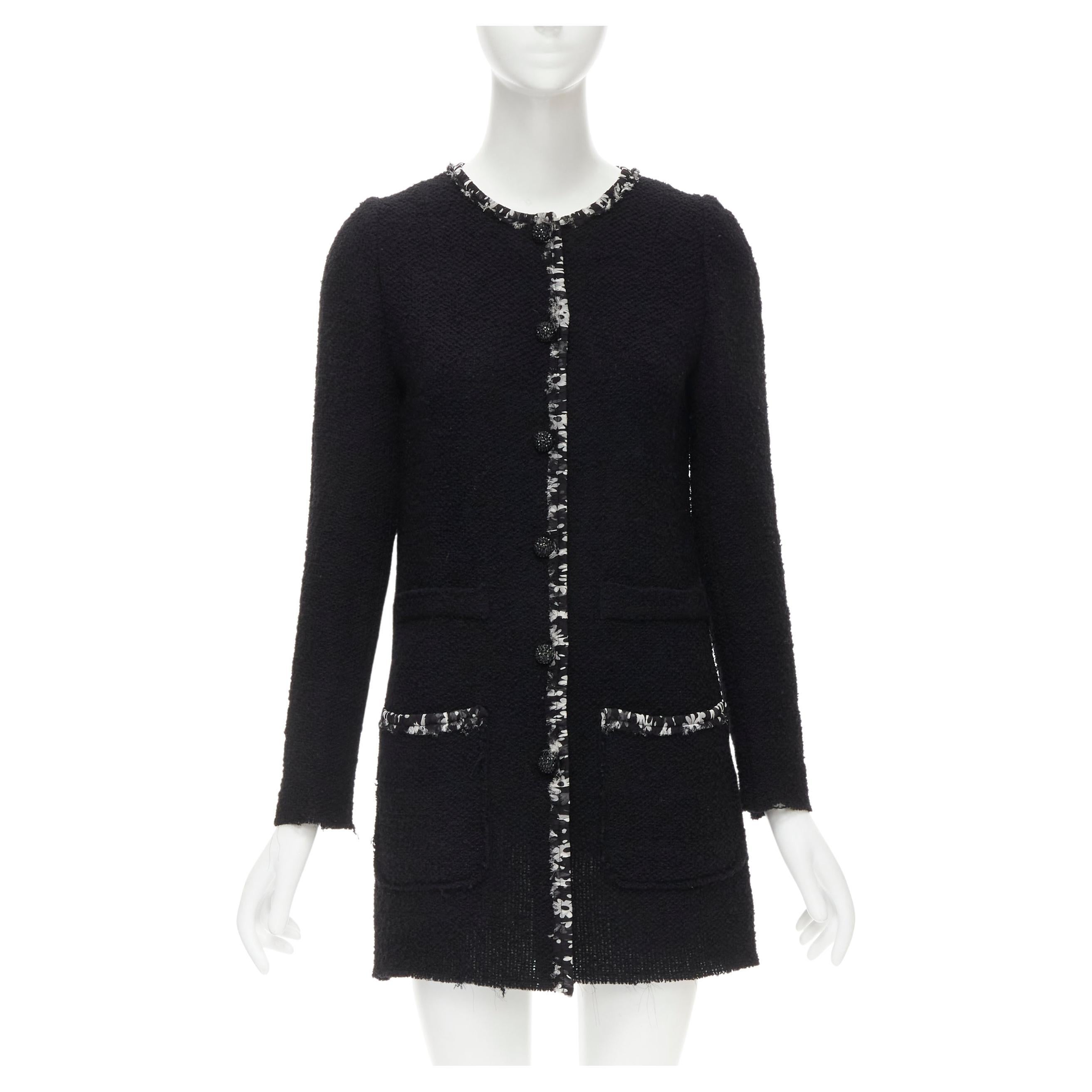 DOLCE GABBANA wool tweed floral silk trim crystal button long coat IT36 XS