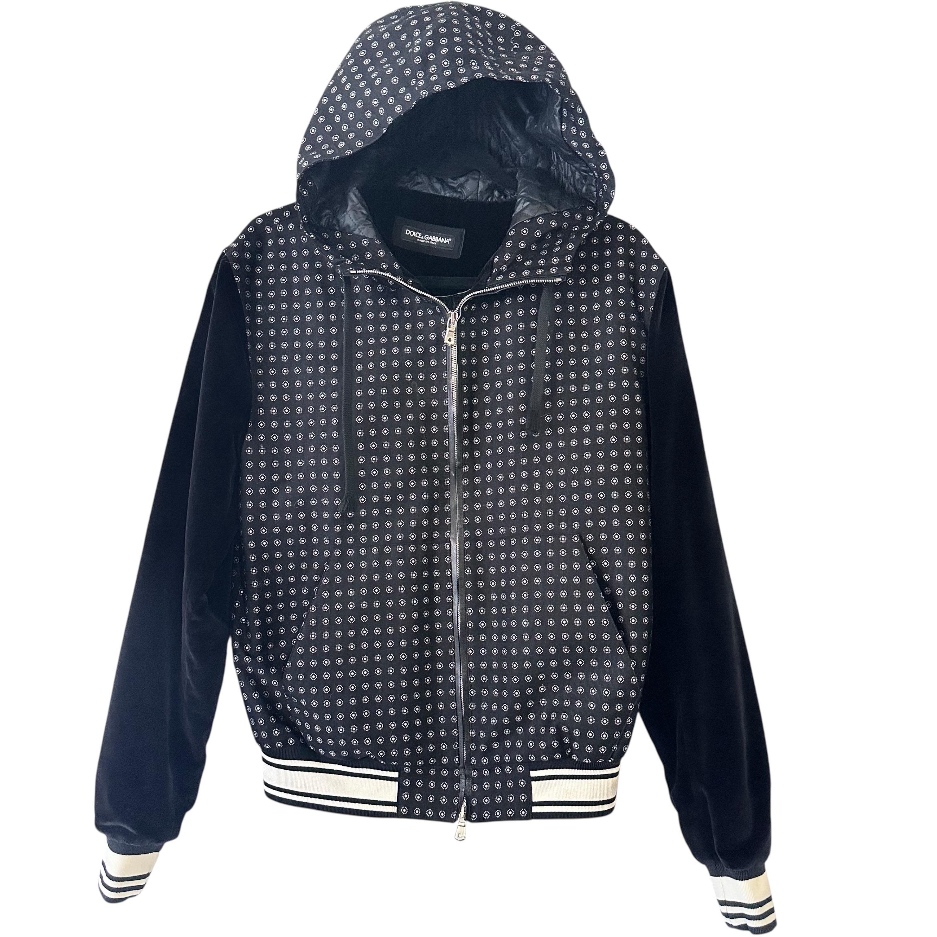 Dolce & Gabbana Woven Jacquard Hooded Bomber Jacket It 48 M Black Velvet Sleeves View 3